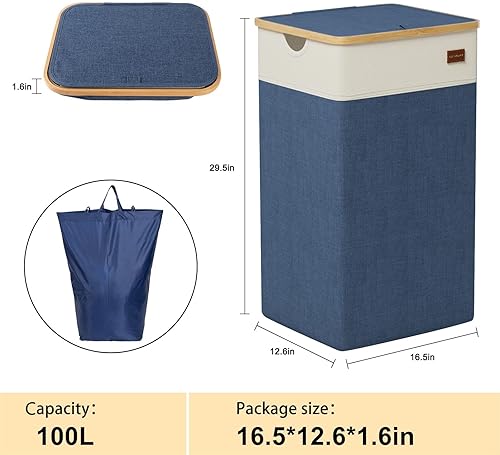 Miniatura 2 de OIAHOMY Cesta de lavandería con tapa, cesta de lavandería plegable de 100 litros con 2 bolsas interiores extraíbles, cesta de ropa con asas de
