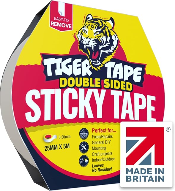 Tiger Tape® Powerful Grip Tape, Reinforced Double Sided Tape. Grip No Slip. Bonds to Almost Anything for Everyday Repairs, DIY, Mounting, Crafts. 25mm x 5m.