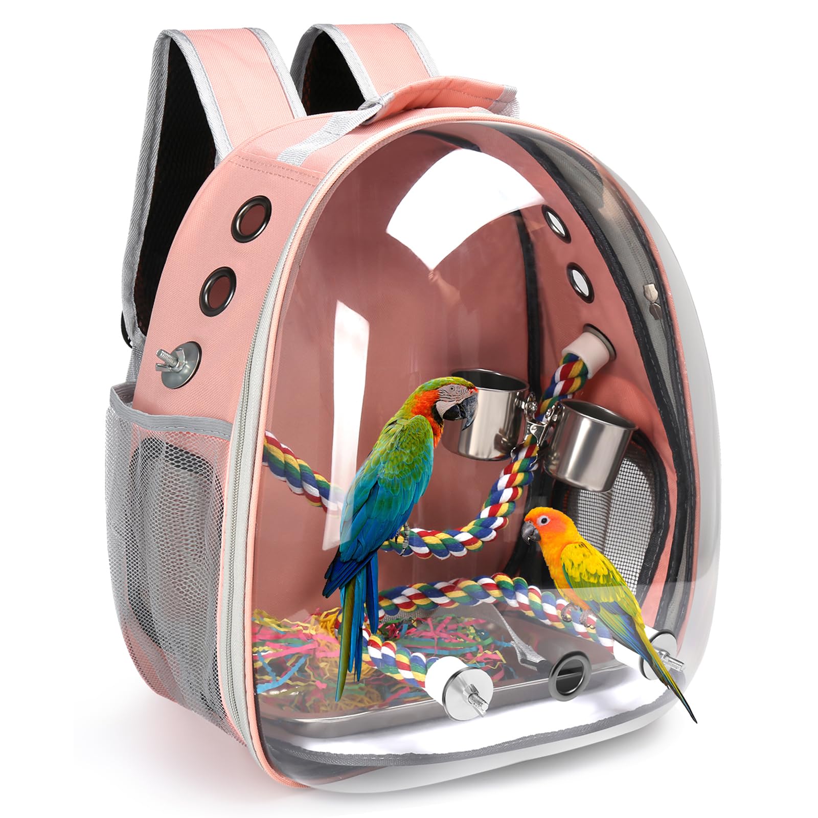 Bird Backpack Carrier, Travel Bird Cage for Small Medium Size Parrot Parakeet Budgies Cockatiel, Portable Clear Bubble Window Bag with Stainless Steel Tray Food Bolw Standing Perch (Pink)