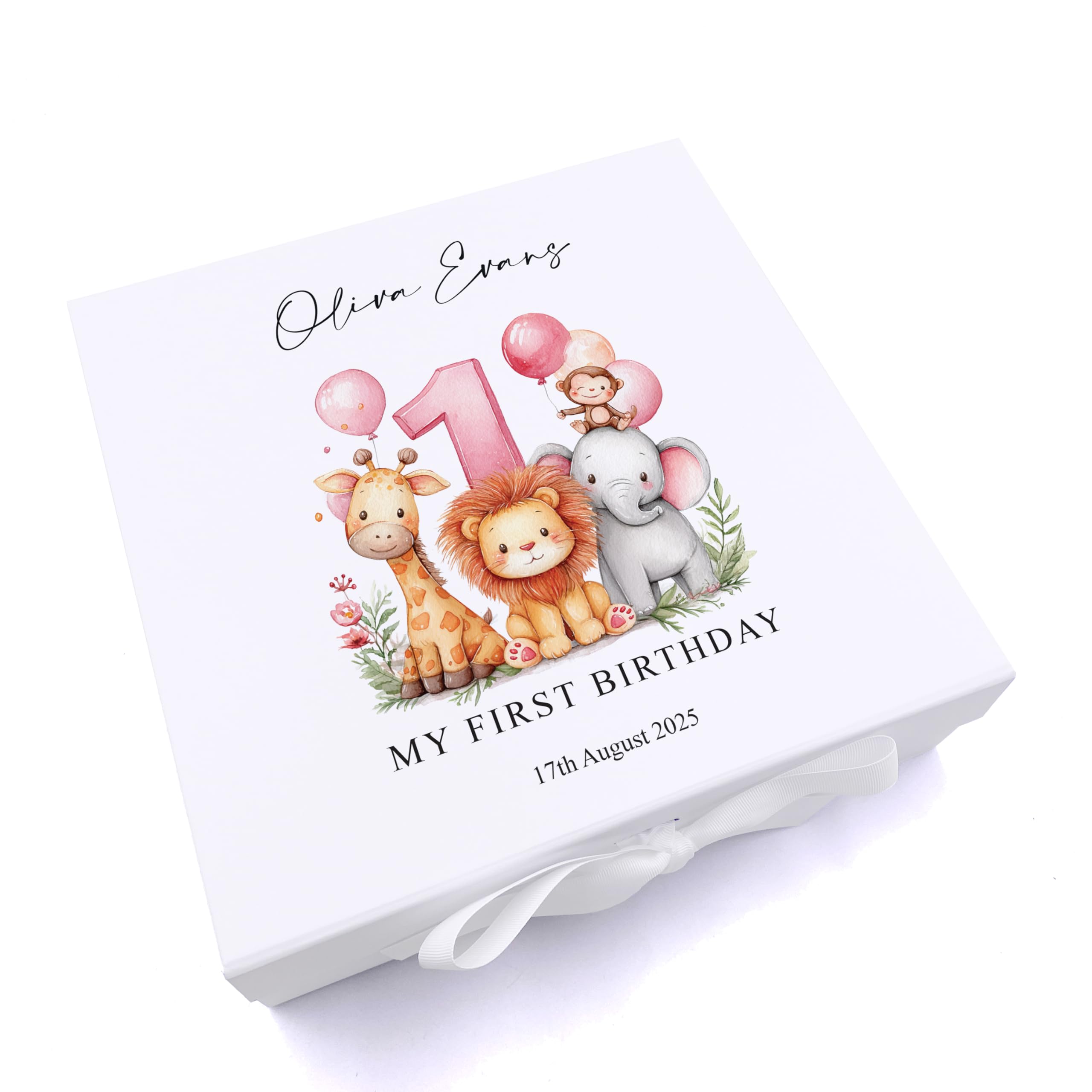 Personalised First Birthday Memory Box, Safari Animals Theme Keepsake Gift (Pink)