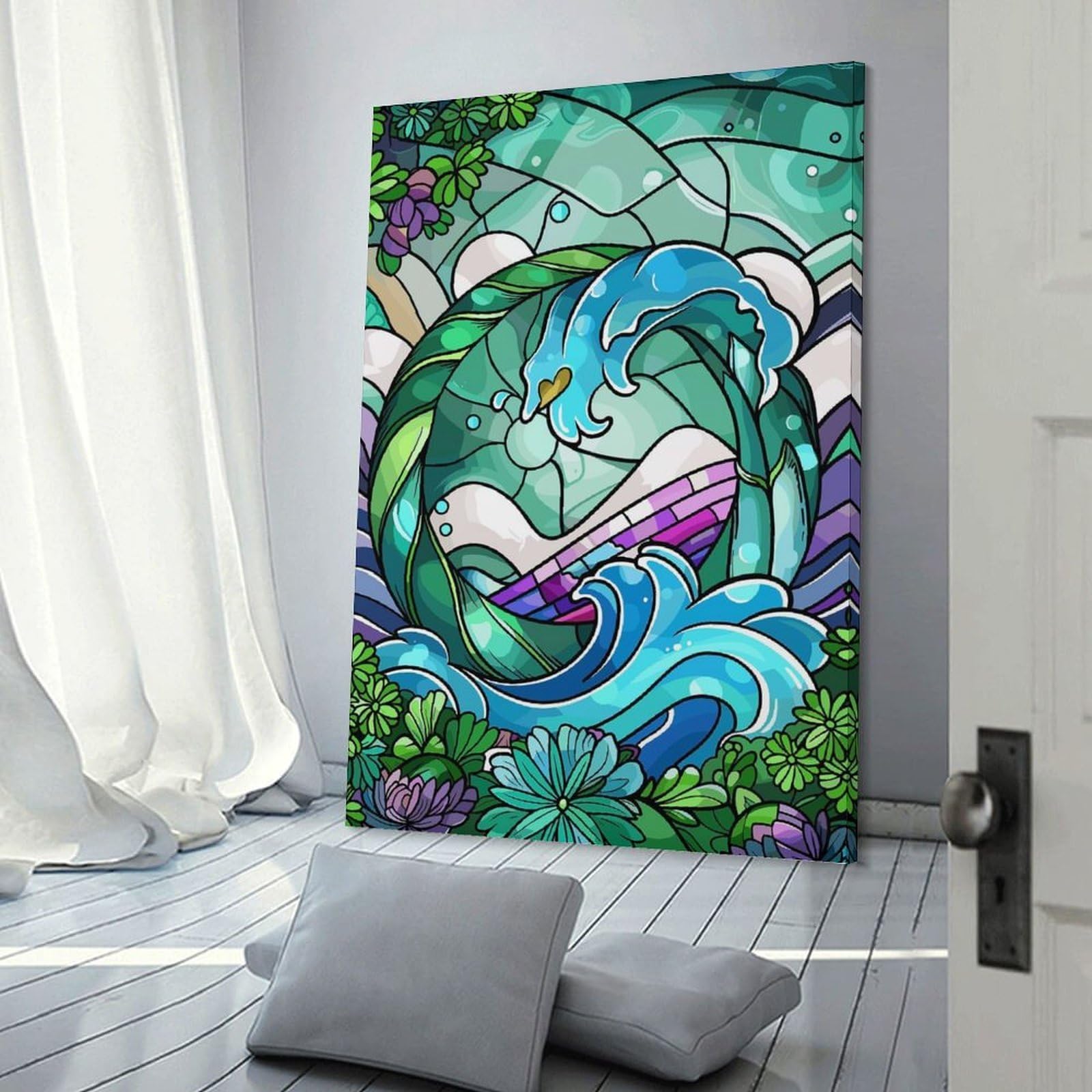 Junmoney Stained Glass Wave And Floral Design Canvas Art Print, 20x30inch(50x75cm), for Bedrooms, Workspaces And Everyday Interiors, A Flexible Wall Accent for Shared Spaces