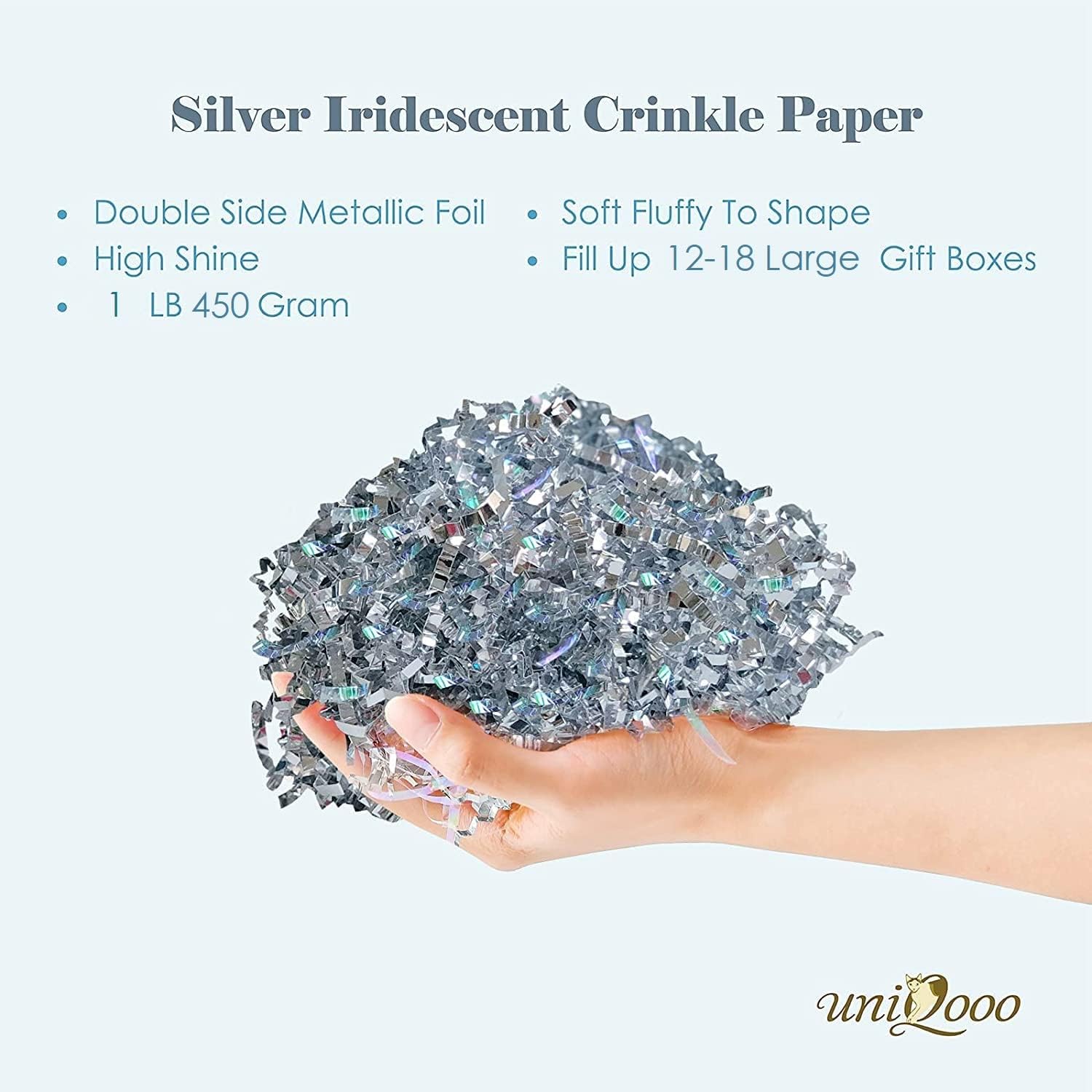 UNIQOOO 1 LB Metallic Iridescent Silver Crinkle Cut Paper Shredded Filler, Sparkle Crystal Unicorn Silver Paper Shreds Raffia Tissue, Craft Bedding Cushion for Christmas Wedding Birthday Bridesmaid