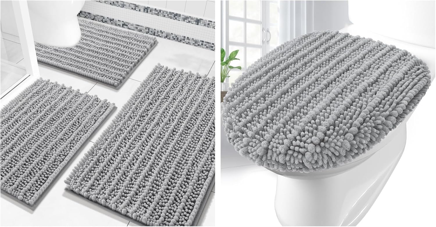 Arotive Luxury Chenille Bathroom Set, Toilet Lid Cover (17.5" x 15") and Bathroom Rugs Set (24" x 16" + 36" x 24" + 24" x 20") in Light Grey, 4 Item Bundle