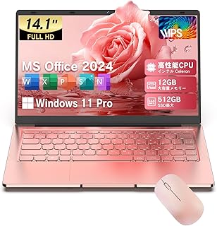ノートパソコン windows 11 office 2024搭載 14インチ 12GBメモリ 256GB SSD 180°開閉可能 IPS液晶 高性能CPU 軽量薄型PCノート 初心者向け Webカメラ/USB 3.0/高速5GWiFi/BT5.0/キーボードフィルム付き/無線マウス付き 日本語キーボード laptop パソコン ピンク