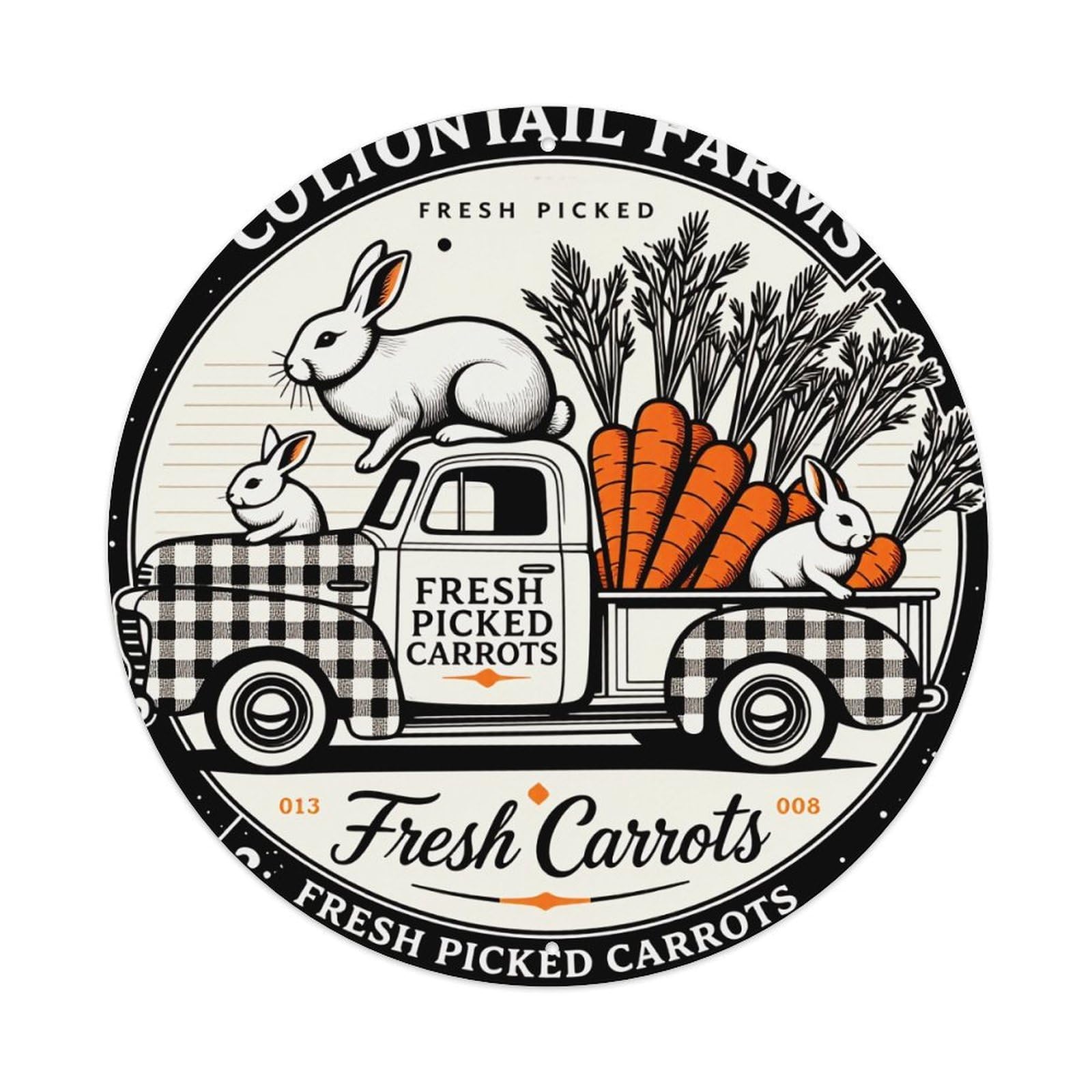 Fresh Picked Carrots Truck Bunnies Round Tin Sign Vintage Metal Poster Retro Bar, Home, Man Cave, Kitchen, Laundry Room Wall Art Decor Gift 8x8Inch