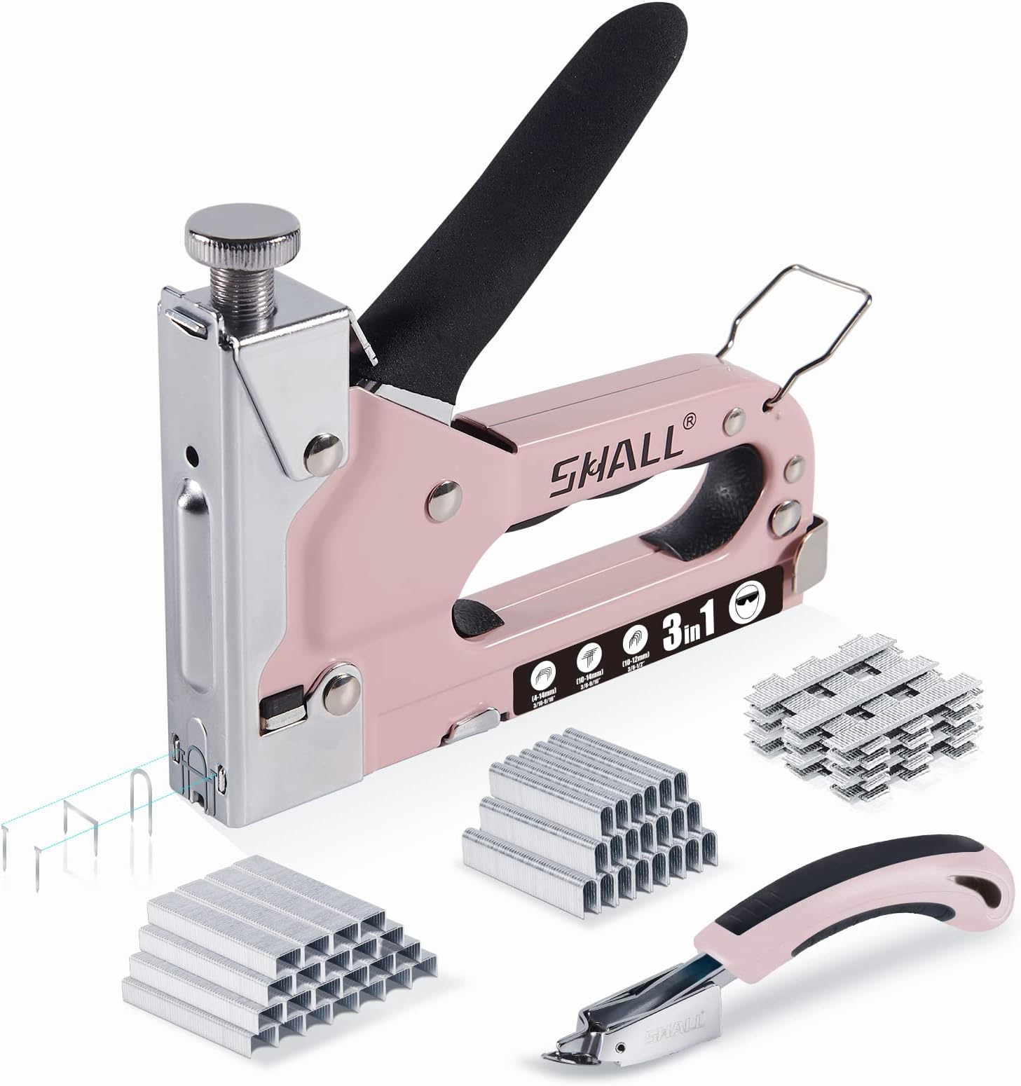 SHALL Staple Gun Heavy Duty, 3-in-1 Upholstery Staple Gun Kit with 3000 Staples, Stapler Remover, Manual Brad Nailer with Specific Staples Outlet Position Indicator