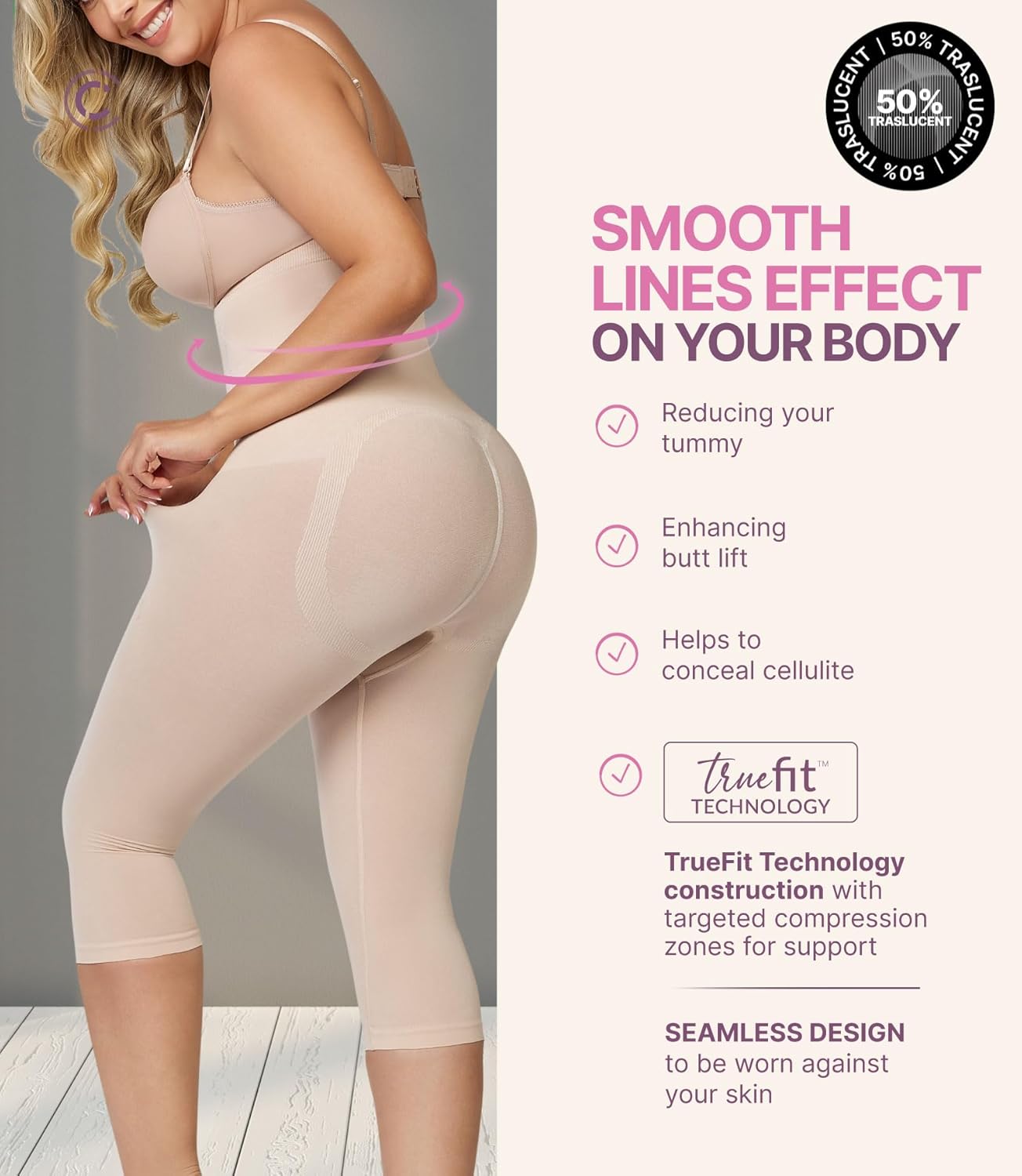 CURVEEZ High-Waisted Shapewear for Women, Tummy Control Compression Leggings with Thong, Butt Lifting Body Shaper, Seamless - Image 2
