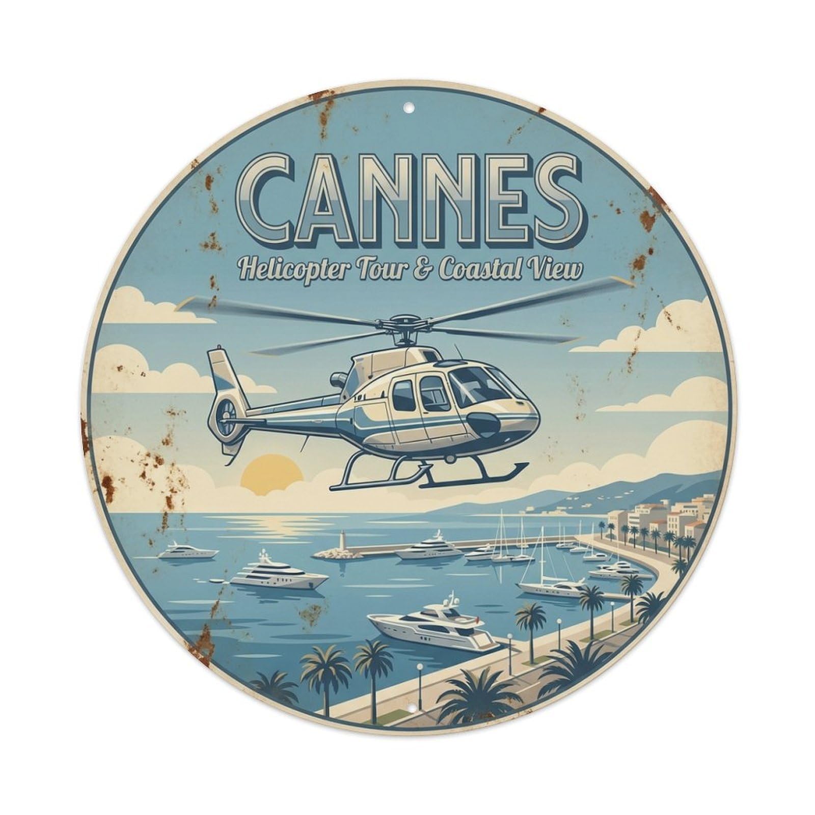 Cannes France Helicopter Tour Seaside View Travel Metal Tin Sign