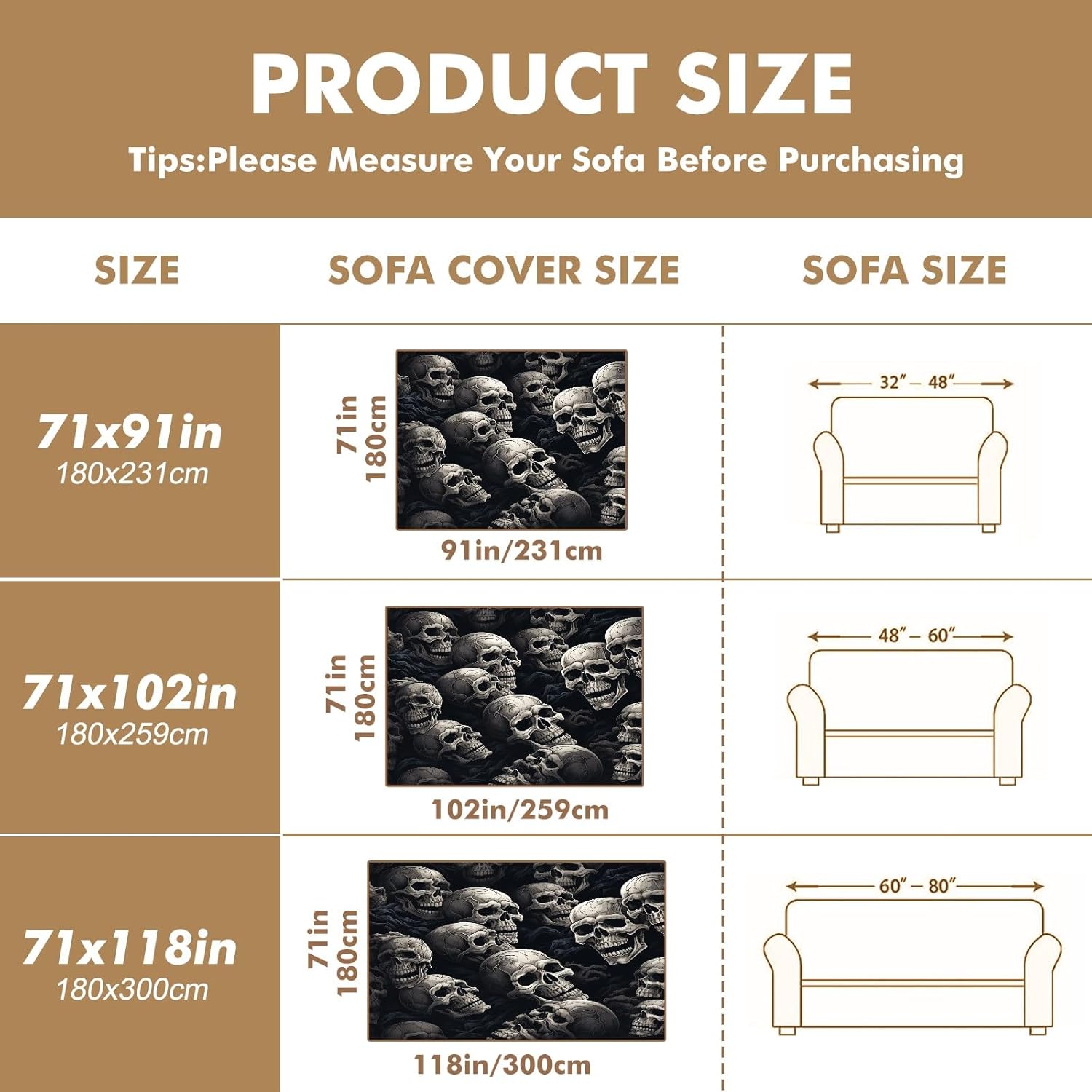 Skull Couch Cover for 3 Cushion Sofa Covers for Pet Dogs Cats Washable (71"x91")