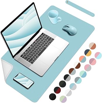 Bleswin Double-Sided Desk Mat, 23.613.8, PU Leather Mouse Pad, Waterproof Desk Pad, Laptop Leather Desk Mat, Protector for Keyboard and Mouse for Office and Home Blue+Slivery
