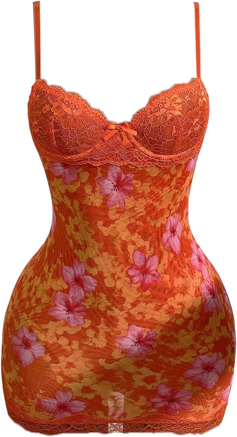 SOLY HUX Women's Summer Floral Lace Trim Mini Dress Spaghetti Strap Bodycon Party Cami Dresses