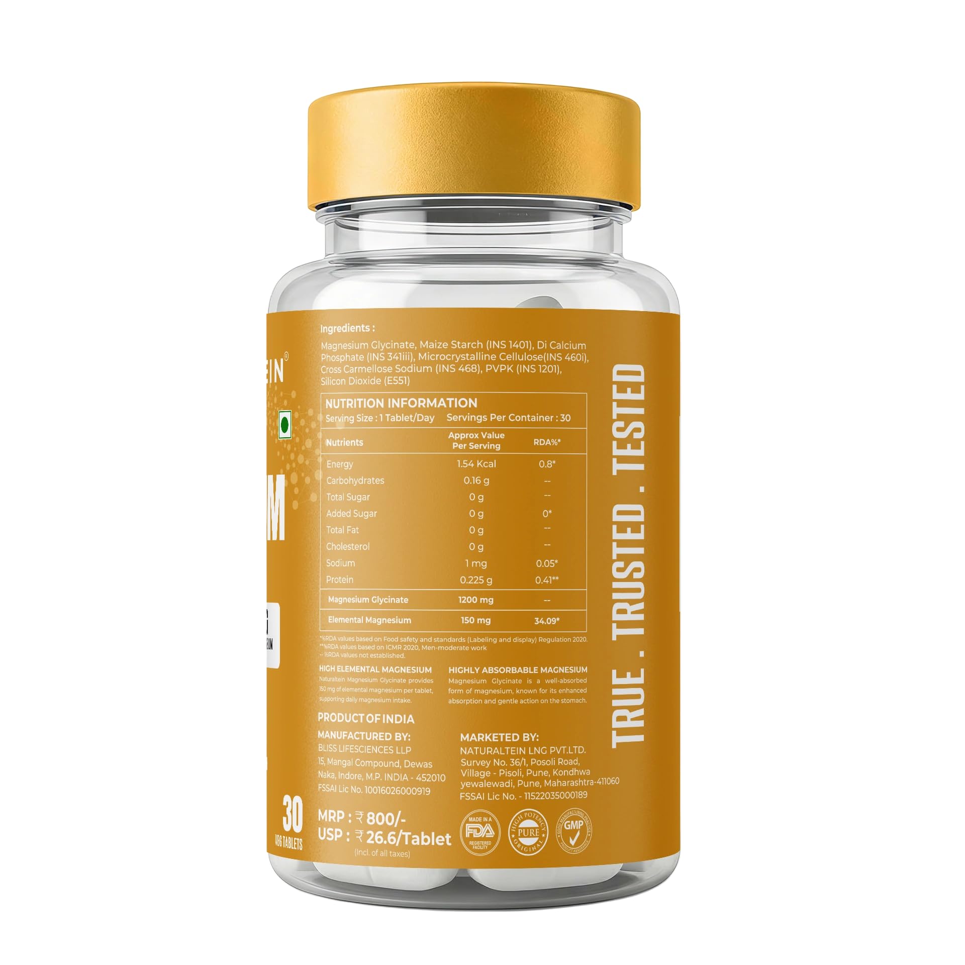 Naturaltein Magnesium Glycinate 1200mg (150mg Elemental) | Chelated High Absorption Magnesium | Supports Sleep Quality & Normal Muscle Function | Glyphosate Tested | 30 Tablets