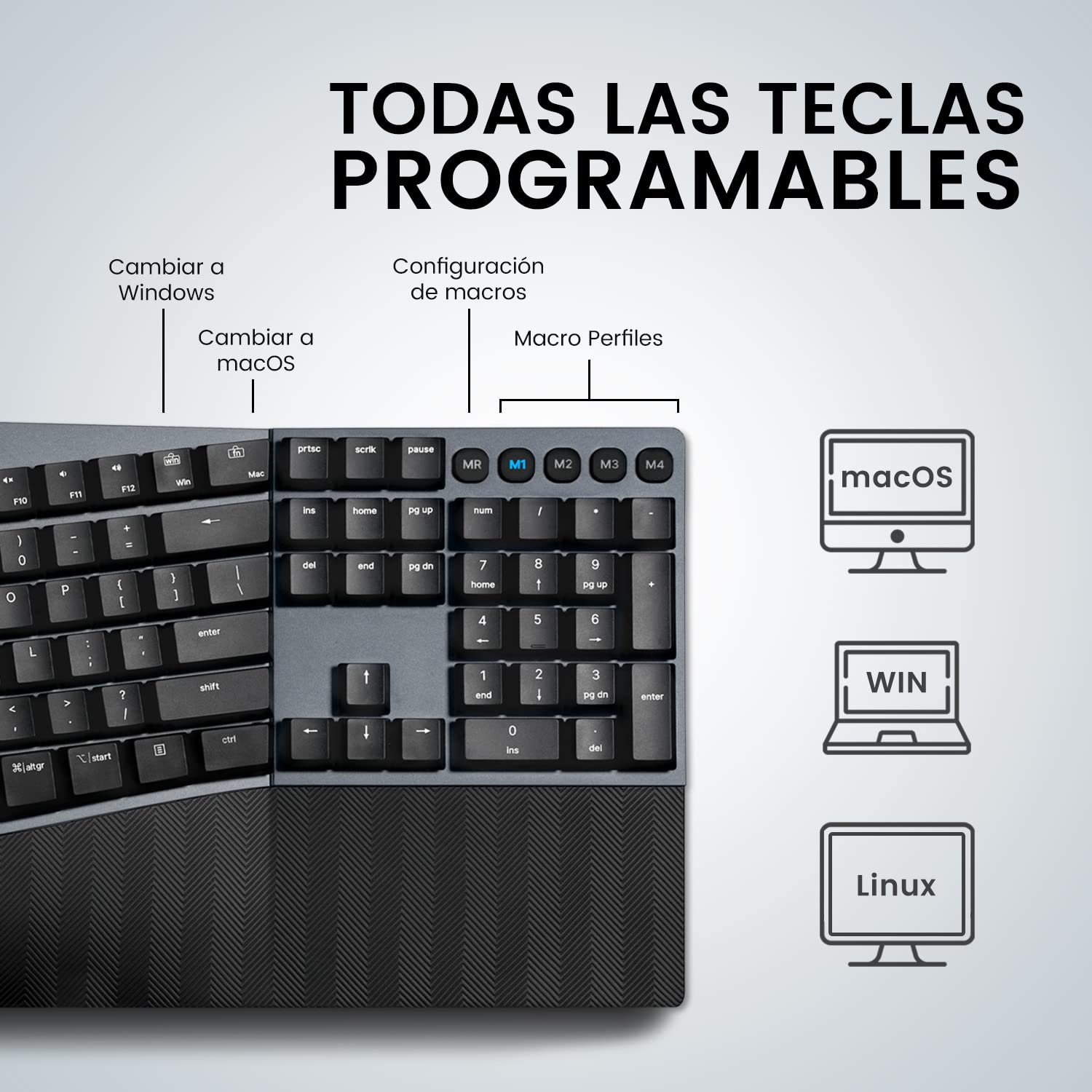 Perixx PERIBOARD-535RD Teclado ergonómico mecánico con Cable - Full Size - Red Linear Switches de Perfil bajo - Teclas Macro programables - Compatible con Windows y Mac OS X - Layout QWERTY Español