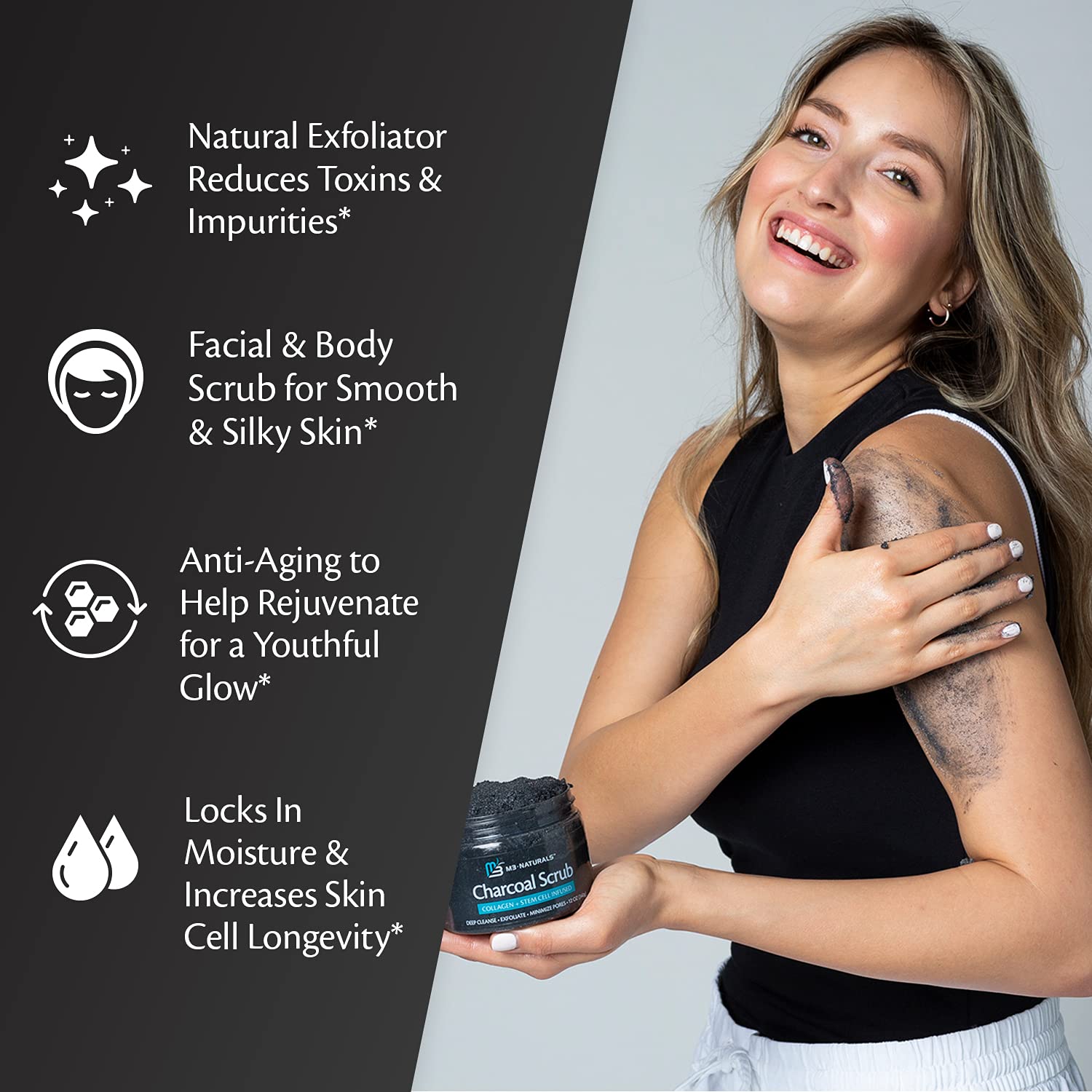 M3 Naturals Charcoal Exfoliating Facial Polishes Scrub with Collagen & Stem Cell - Gentle Body Exfoliator, Face Scrub, Bump Eraser, Booty Scrub - Best Shower Scrub - Skin Exfoliant Facial Polishes : Beauty & Personal Care