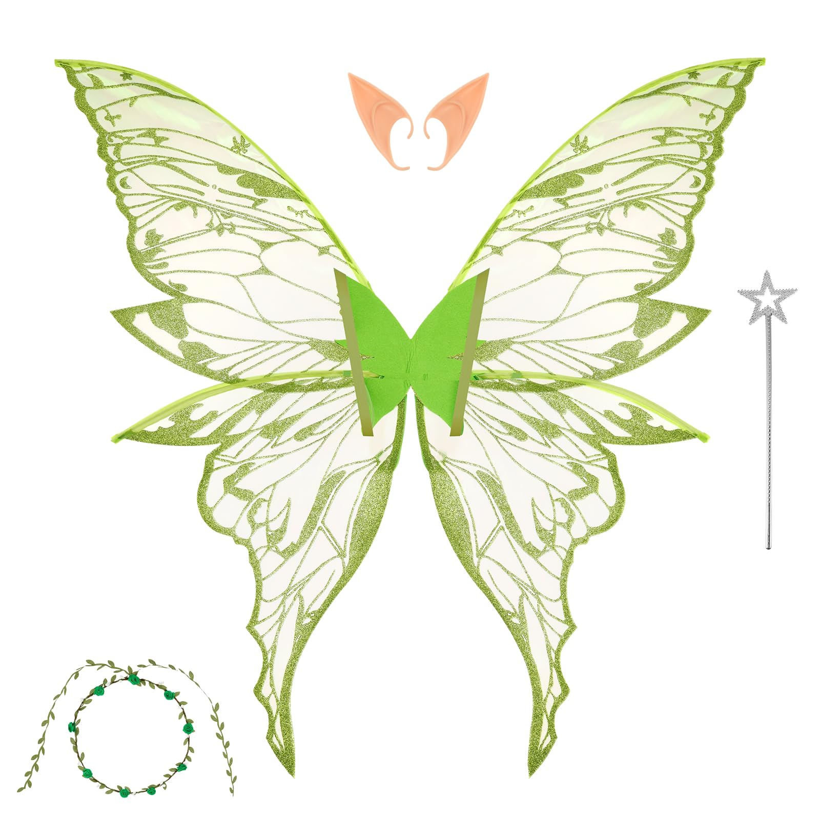Fairy Wings for Adults Women Children Girls 4Pcs Butterfly Wings Fairy Costume Set with Wands, Headband & Elf Ears Adjustable Strap Halloween Costume Sparkle Angel Wing Dress Up Party Favor(Green)