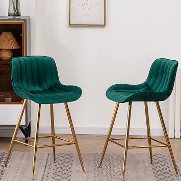 Green Bar Stools Set of 2-24 Inch Kitchen Island Stools Velvet Upholstered Counter Height Bar Stools Mid Century Modern Barstools for Kitchen Counter, Bar and Cafe.