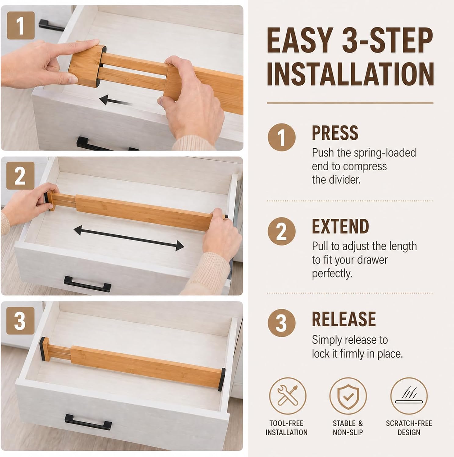 10 Pack Bamboo Drawer Dividers, Adjustable Drawer Organizer Separator Set image 4