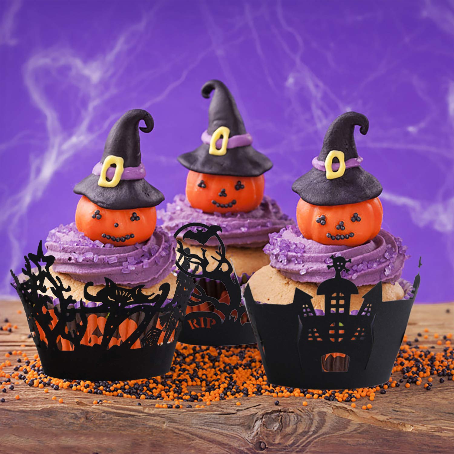 HOWAF Halloween Cupcake Wrapper Set – 36 Stück, 9 Designs (Fledermaus, Geister, Kürbis…)