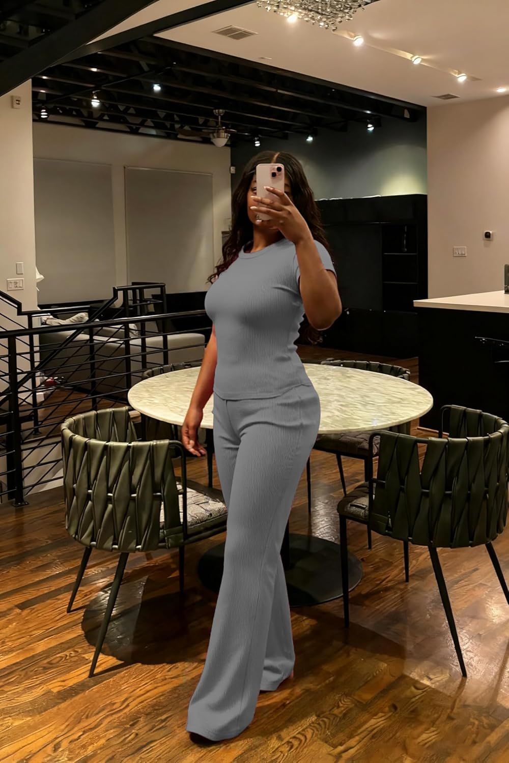 HBQ Women Two Piece Outfit Ribbed Short Sleeve V Neck Polo Top and Flare Pants Casual Lounge Sets Tracksuit - Image 3