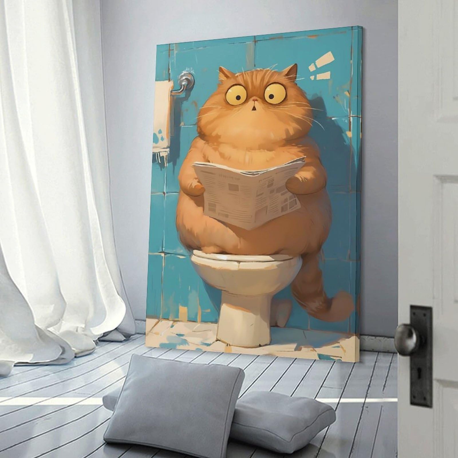 Junmoney Chubby Cat on Toilet Room Decor Wall Art, 12x18inch(30x45cm), for Living Room, Lounge Or Sitting Room, A Home Accent with Warm Character
