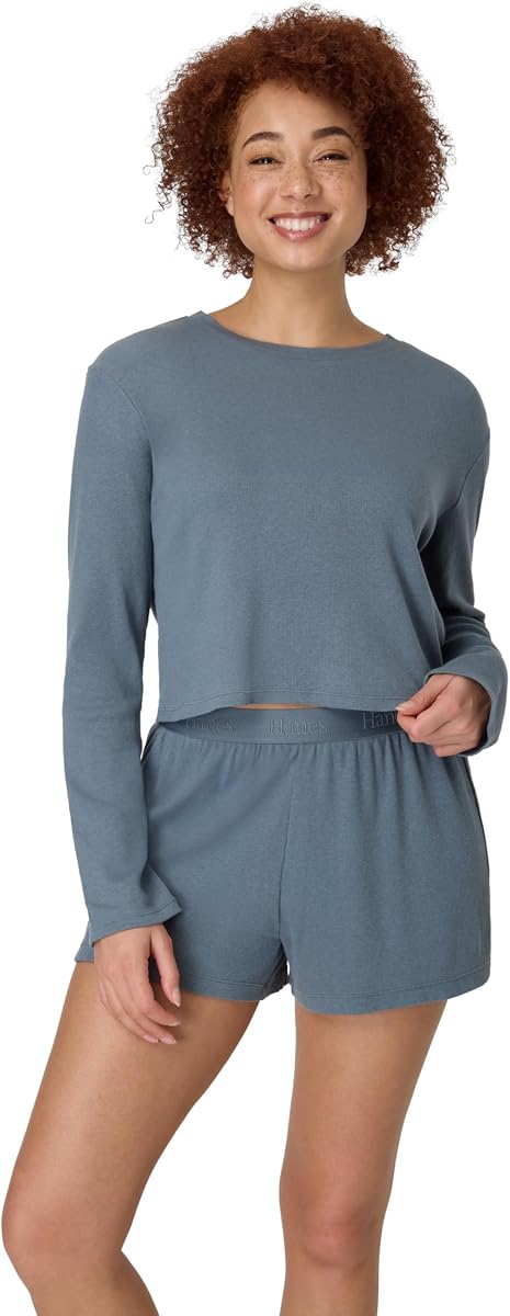 Hanes Conjunto de salón de 2 piezas Originals para mujer, camiseta corta supersuave para bebé y pantalones cortos para dormir, conjunto de ropa de estar por casa