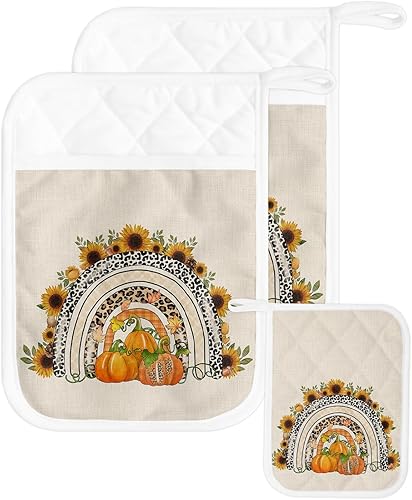 Juego de 2 agarraderas de tela de toalla antideslizantes y aislantes de calor con bolsillo, grueso para hornear, posavasos para horno, girasoles,