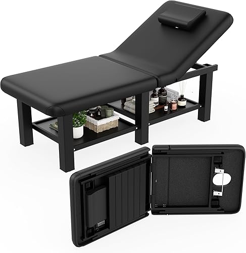 Miniatura 13 de Mesa de masaje estacionaria con respaldo y espacio de almacenamiento, 6 patas cuadradas, marco de metal, piel sintética, 31.5 pulgadas de ancho x 75