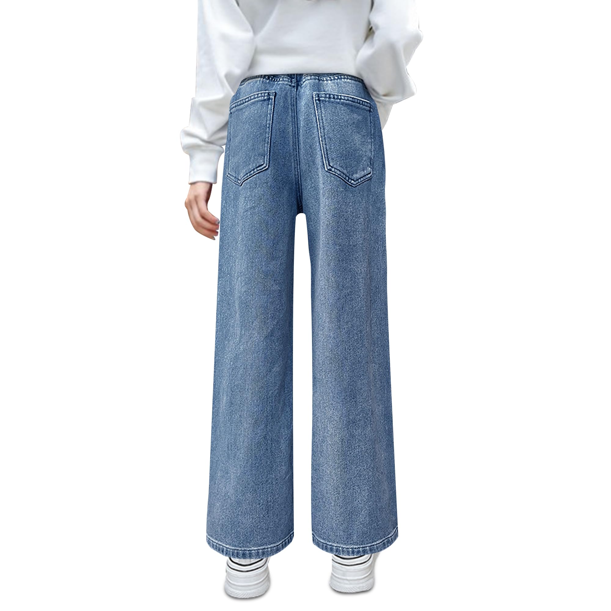 Jeans Filles Baggy Wide Leg Denim Pantalon avec Taille Élastique Jambes Larges Jean Loose Fit Pantalon Stretch Décontracté Bleu Denim Pants avec Poches Mode Streetwear pour Enfants 6-14 Ans