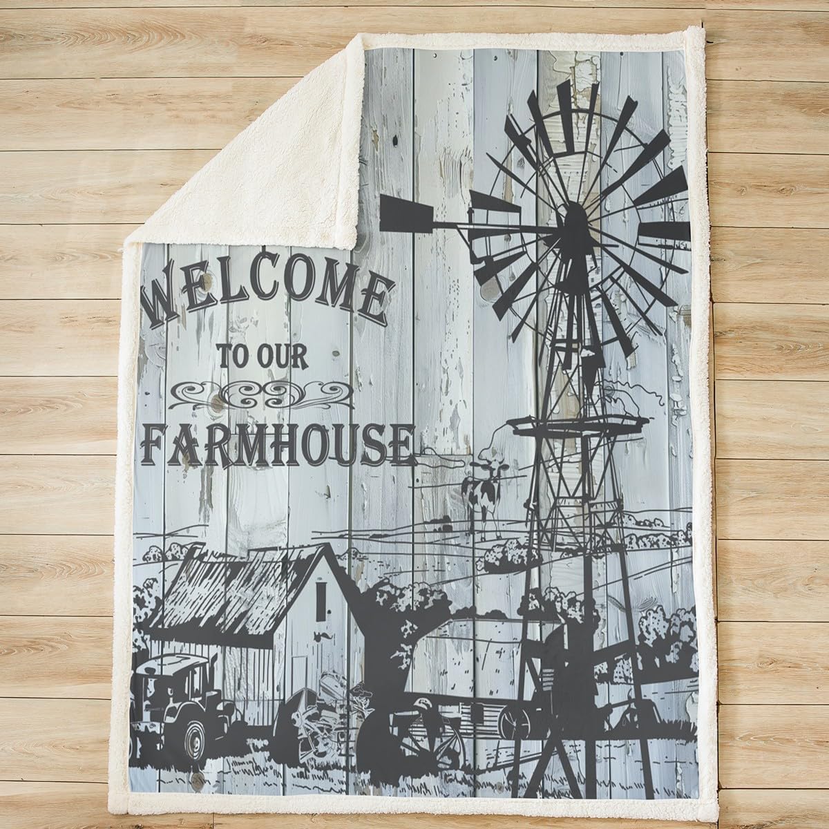 Farmhouse Windmill Throws Blanket,Rustic Farm Wooden Barn Door Tractor Sherpa Blanket for Girls Teens, Chicken Milk Cow Animals Hand Sketch Microfiber Fleece Blanket Room Decor, Throw (50 x 60 Inch) - Image 2