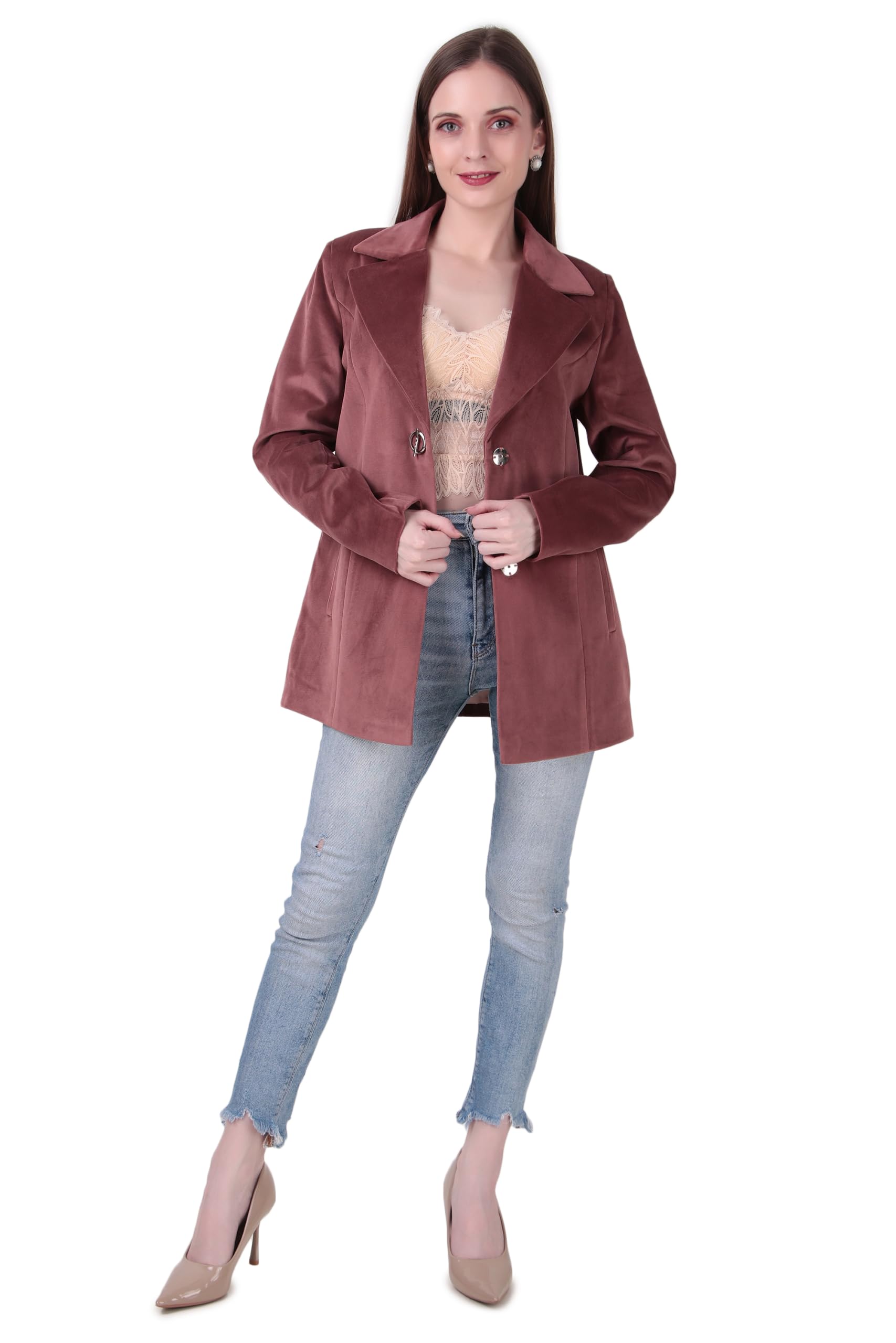 Women's Single-Button Casual Blazer | Full Sleeve Lapel Collar Winter Jacket with Side Pockets | Regular Fit Smart Formal & Casual Outerwear | Dusty Mauve-picture-29