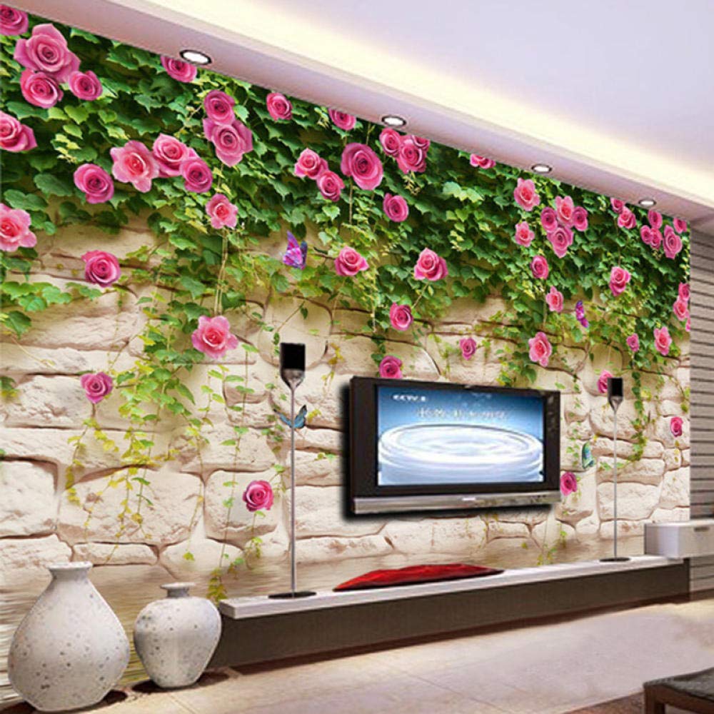 Papier Peint Salon TV Effet Brique et Fleurs Style Campagne