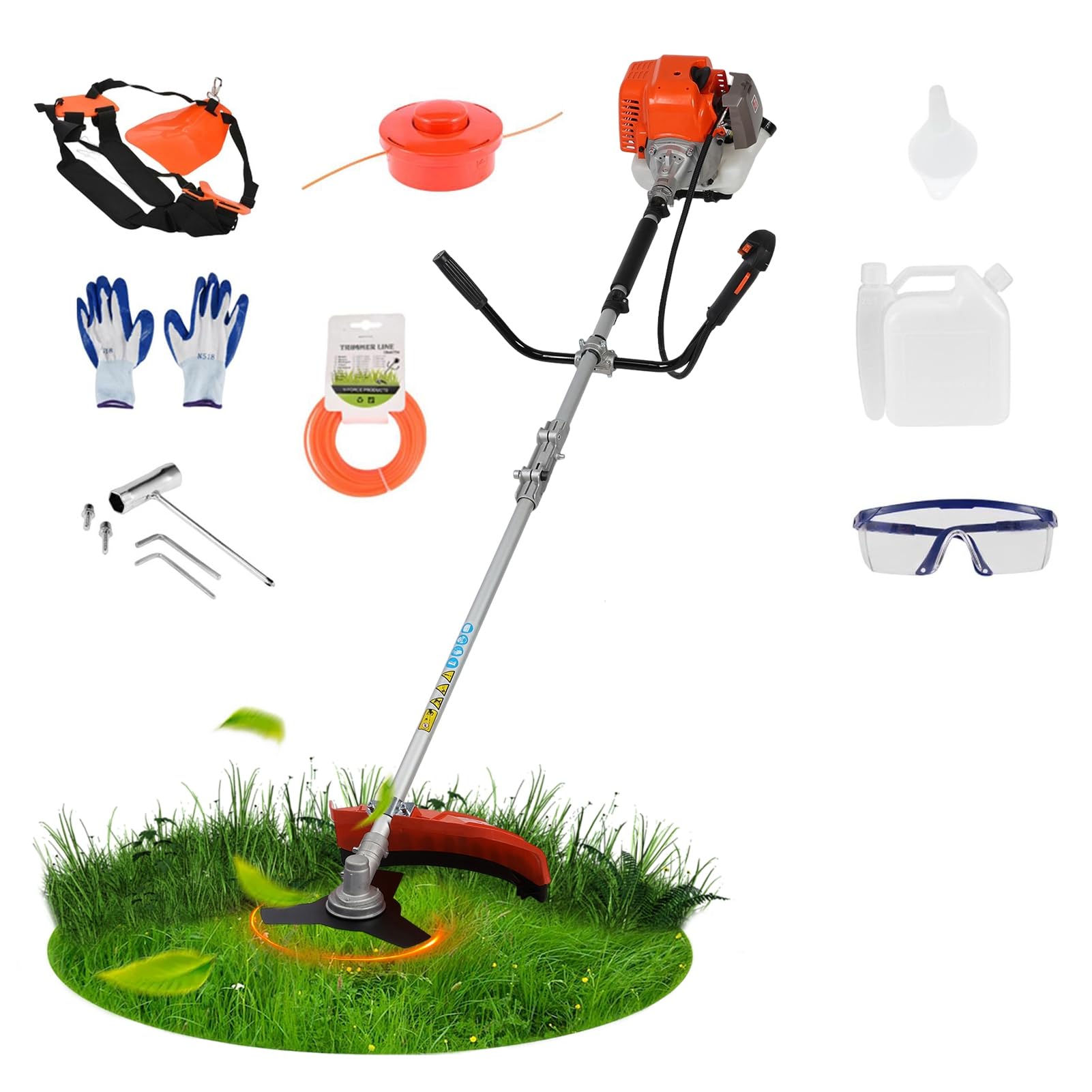 Desbrozadora de gasolina de 52 cc de 2 tiempos 2 en 1 con hoja 3T de 10 pulgadas, motor de arranque rápido, eje desmontable, correa de hombro, mango ergonómico, 2.2 kW 8500 rpm (naranja)