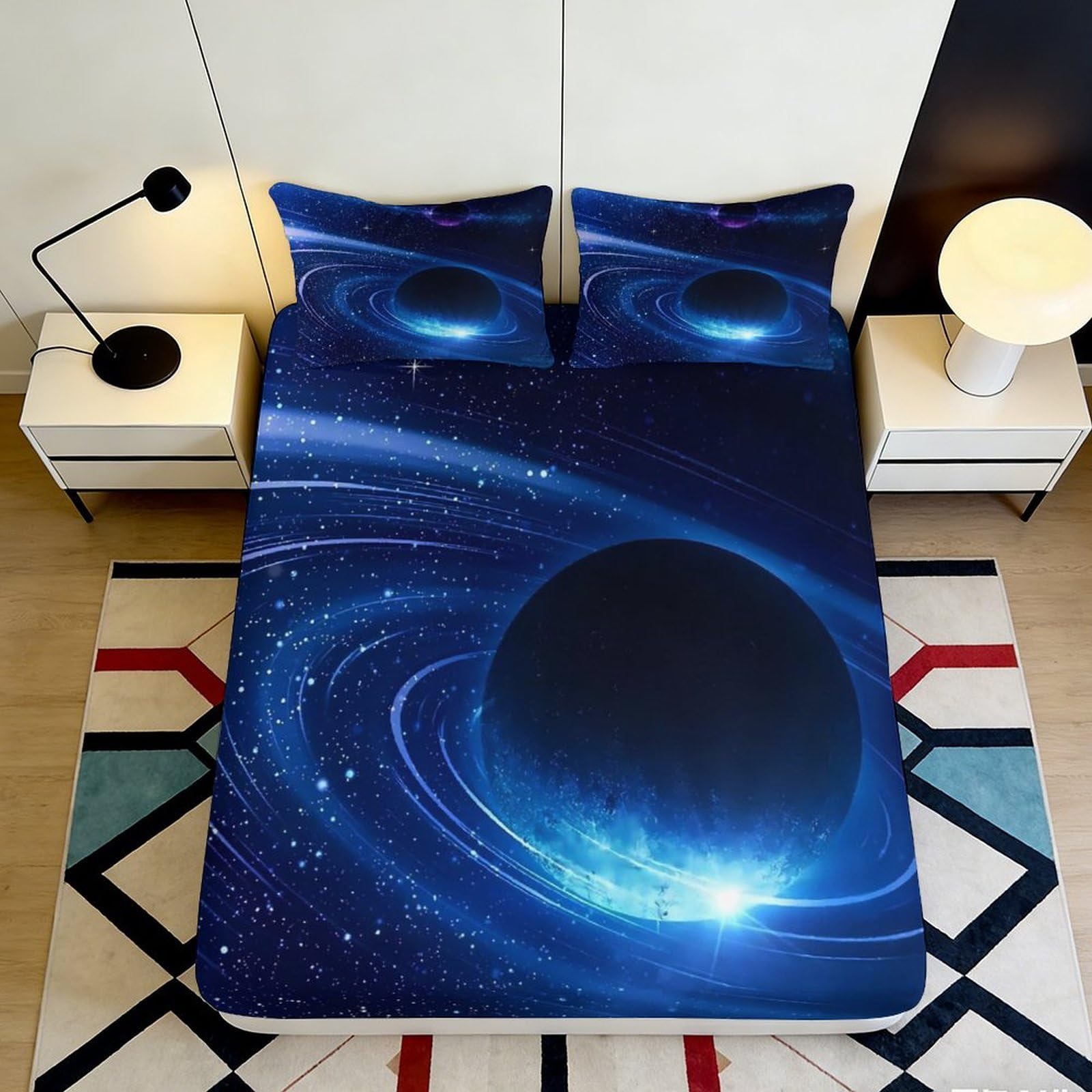 3D Printed Galaxy Starry Sky Fitted Sheet Microfiber Soft Breathable Cosmic Nebula Mattress Cover for Bedroom Dormitory Guest Room Mattress Protection 180x200x25cm