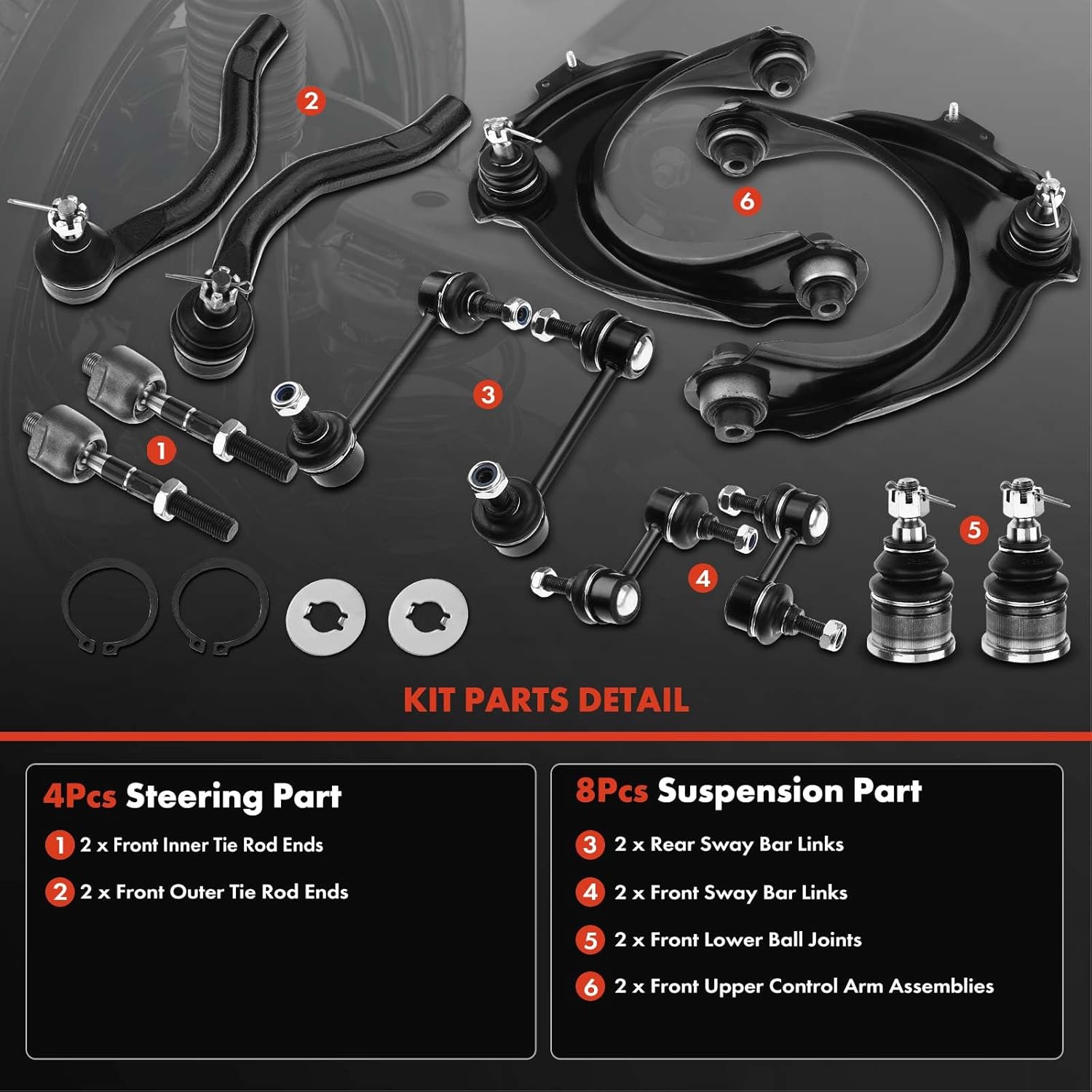 A-Premium Set of 12, Front Upper Control Arm, Lower Ball Joint, Inner Outer Tie Rod End, Front & Rear Sway Bar Link, Compatible with Honda Accord 2003 2004 2005 2006 2007
