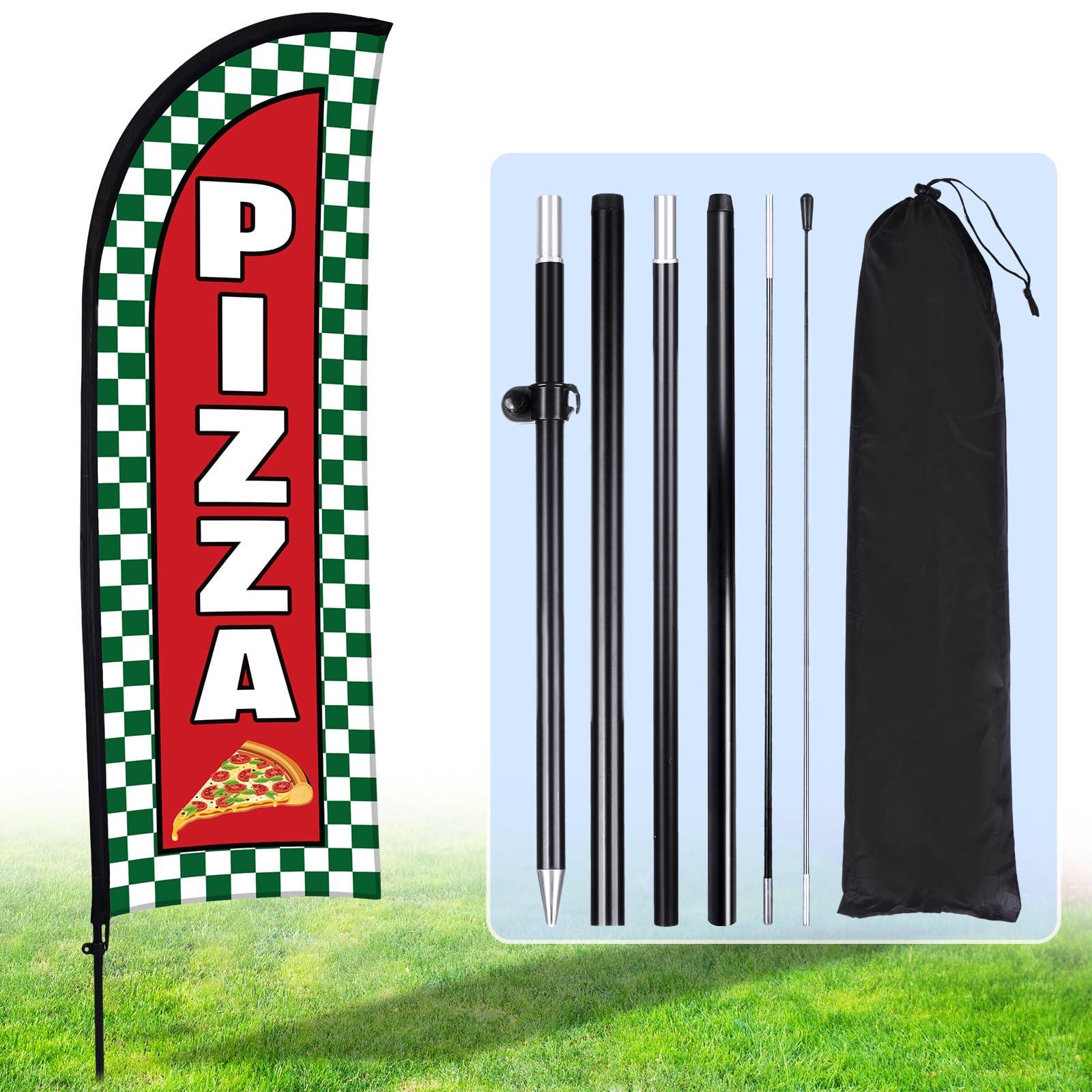 Hahafelt Bandera de plumas de pizza para publicidad empresarial, 7 x 5 pies, letrero de bandera de publicidad de pizza con poste de bandera, bolsa portátil, letreros de barbacoa, juego de banderas