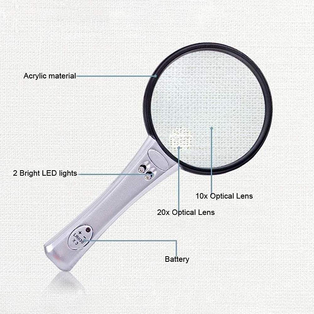 Lupa, Lupa con 2 Luces LED Brillantes, Lupa portátil HD 10X, Lente de Zoom 20X, Lente de 90 mm / 110 mm, Ideal para Lectura, Manualidades y Reparaciones. Lupa/90#