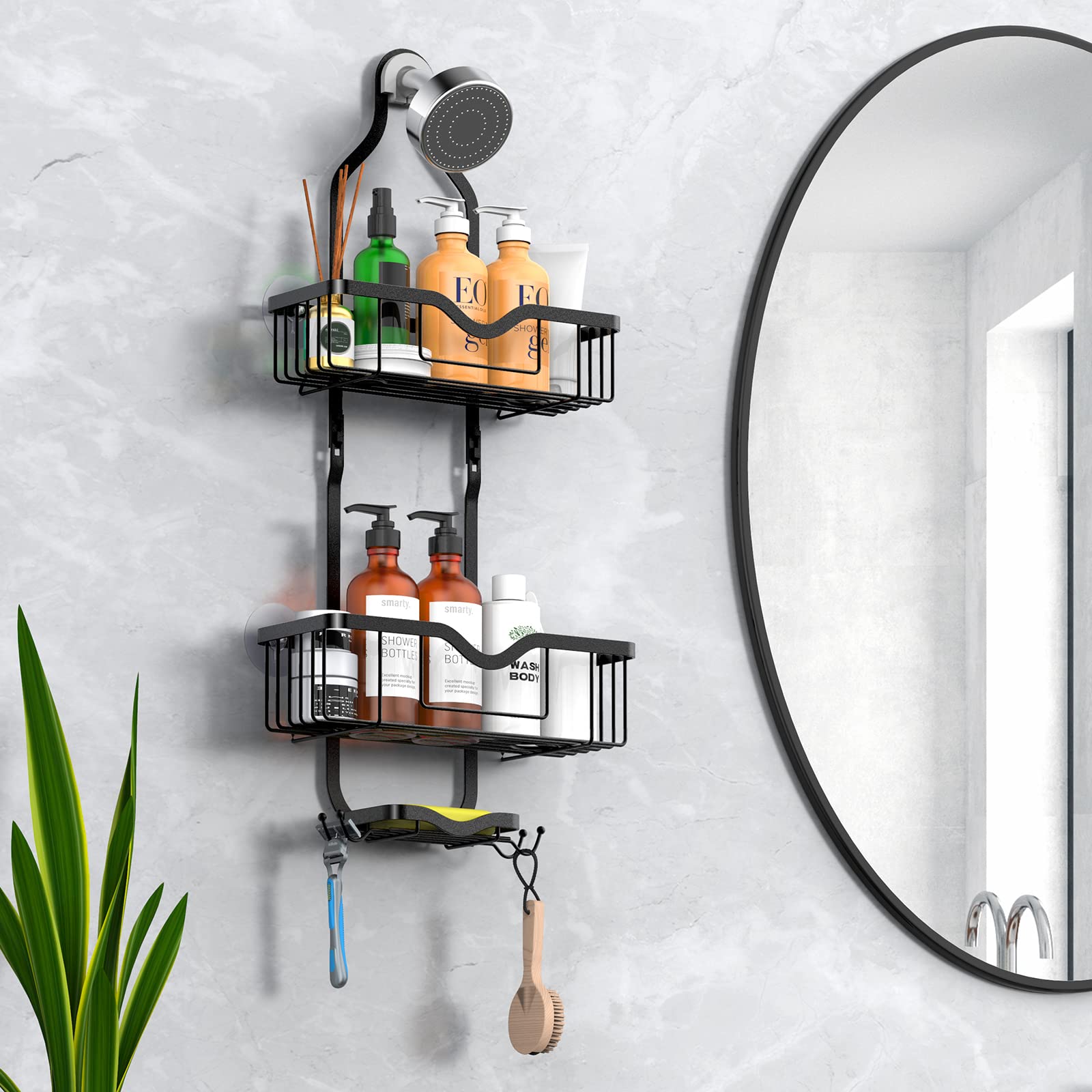 Kerisgo Hanging Shower Caddy, Over Head Shower Caddy Shower Organizer Rack with Soap Dish, Adjustable Shower Storage Basket for Shampoo, Conditioner, Razors, Soap, Shower Sponge??êBlack)