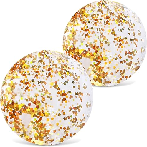 Miniatura 1 de AMOR PRESENT Inflatable Beach Balls, Glitter Beach Ball 16 Inch Clear Inflatable Ball with Gold Confetti for Kids Birthday Summer Pool Party
