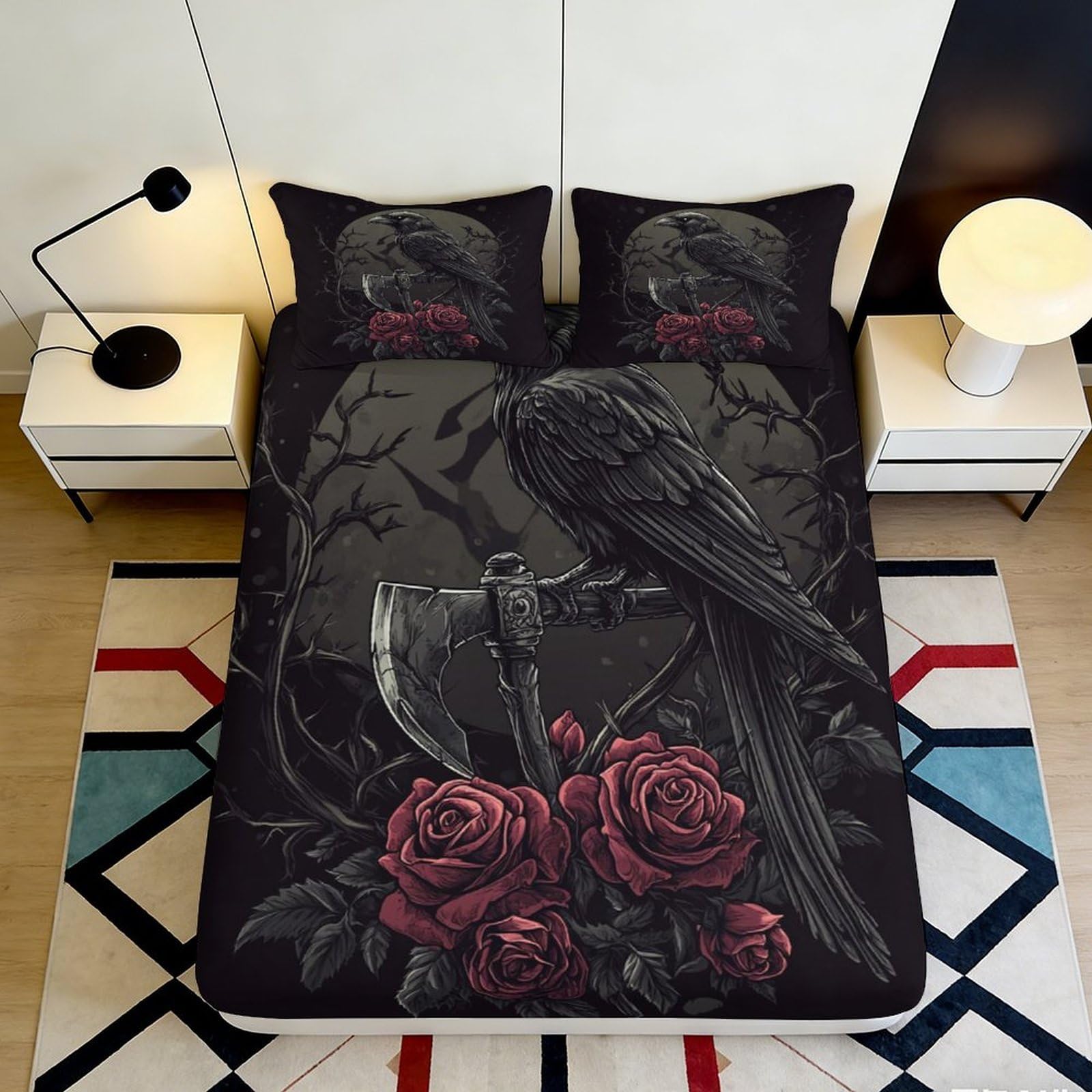 Pnayamiorkfel Style-4 3D Printed Gothic Raven Fitted Sheet Microfiber Red Rose Bed Cover For Bedroom Guest Room Dorm Decor 90X200x25cm
