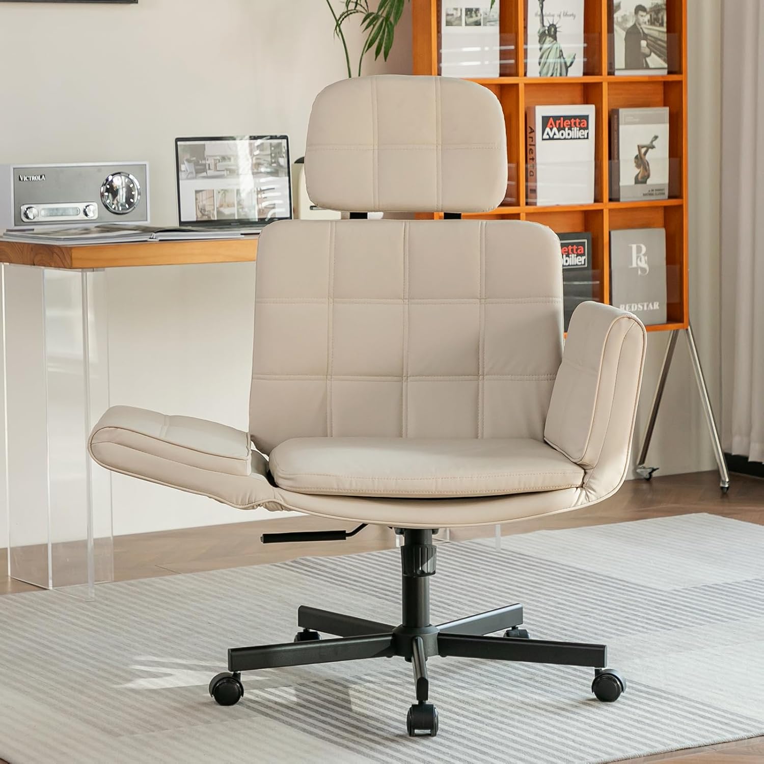 Criss Cross Chair with Wheels & Adjustable Armrests, High Back Faux Leather Desk Chair for Home Office, Comfy Cross Legged Wide Computer Task Chair, Ivory