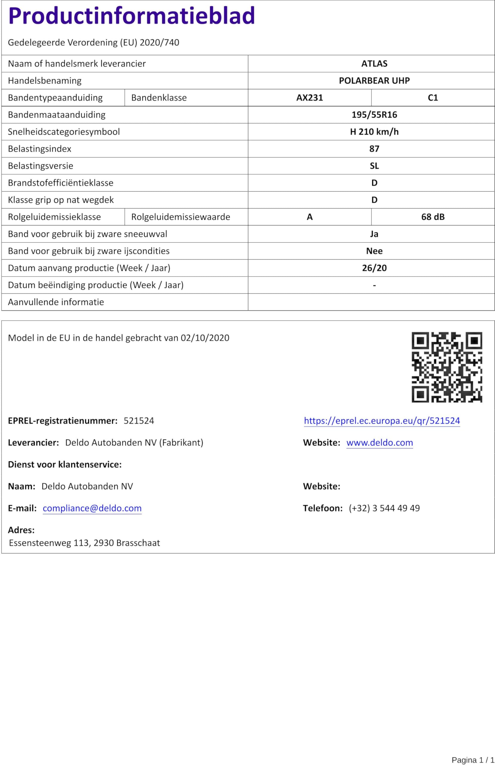 ATLAS - 195/55 R16 TL 87H POLARBEAR UHP M+S 3PMSF - opony zimowe