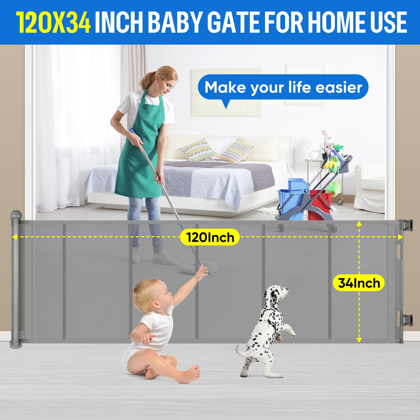 34X120” Extra Wide Safety Retractable Baby Gate, Extra Wide Safety Kids or Pets Gate, 34” Tall, Extends to 120” Extra Wide, Built-in Reinforce Strip Mesh Safety Dog Gate for Stairs,Doorways, Hallways