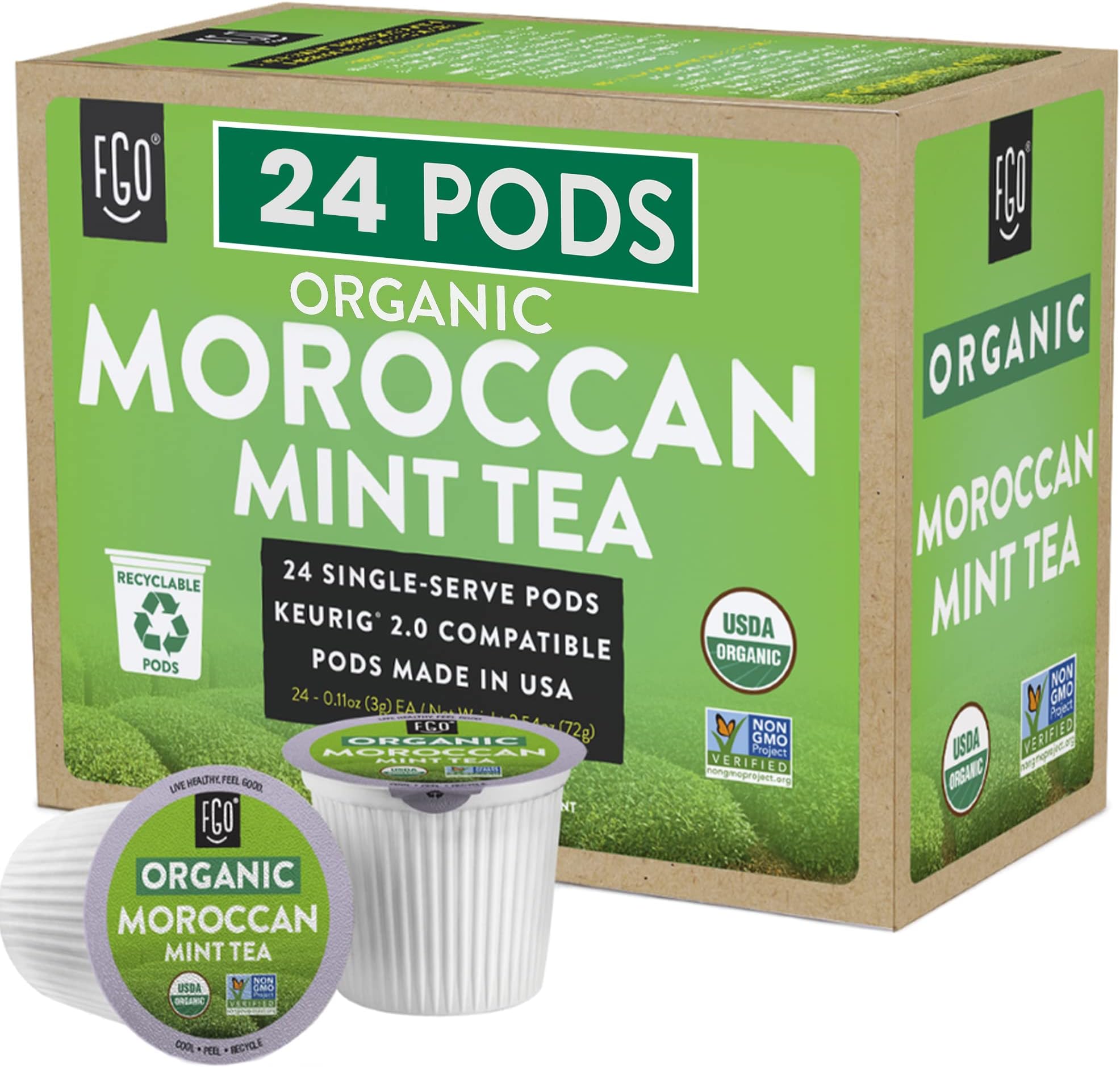 FGO Organic Moroccan Mint K-Cup Pods for Keurig, 24 Count (Pack of 1), Premium Green Tea is USDA Organic, Non-GMO, & Recyclable with Naturally Occurring Caffeine