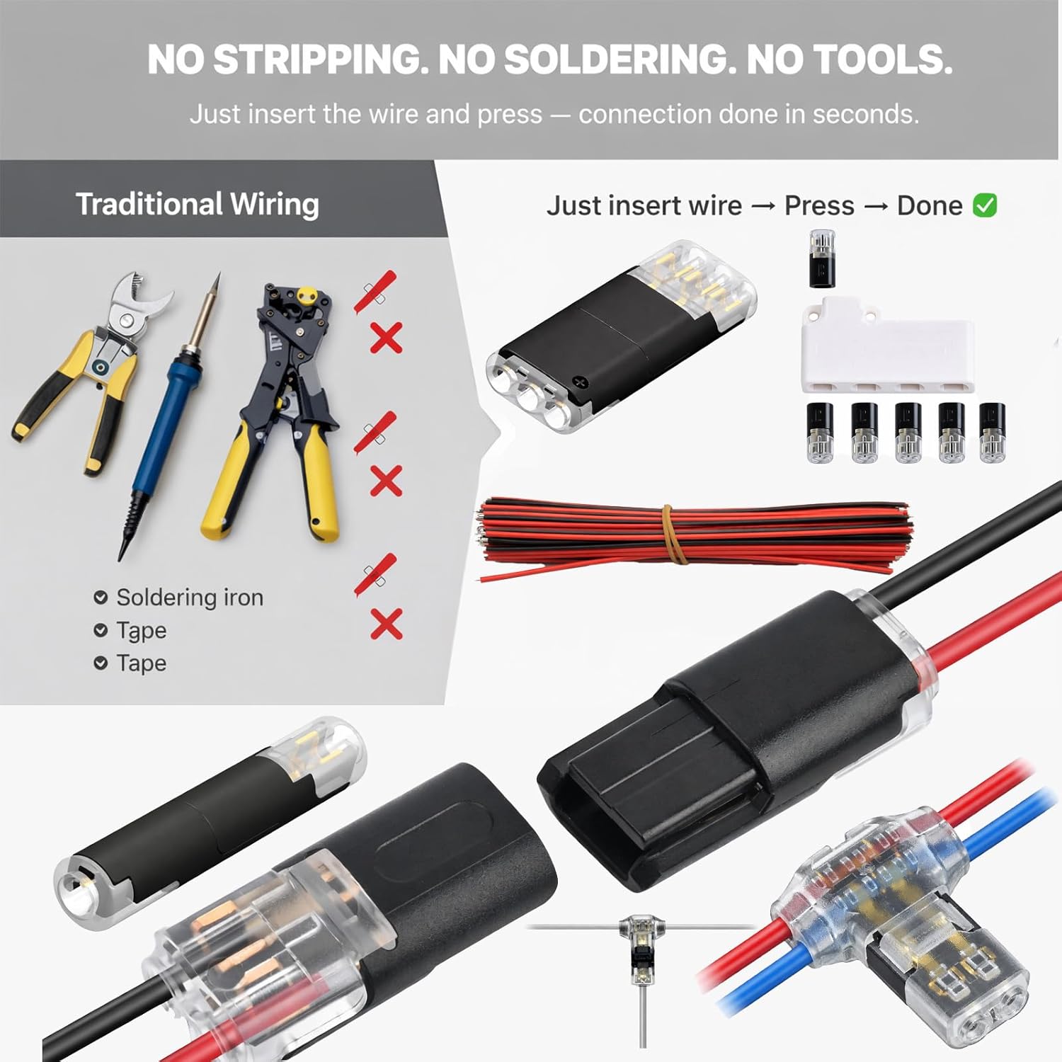 100PCS Bulk Double-Five-Wire Plug-in Connector Led Light Strip Connectors 2-5 Pin Low Voltage LED Wire Connector, Tool-Free T-Type & Inline Quick Connectors, No Stripping No Soldering