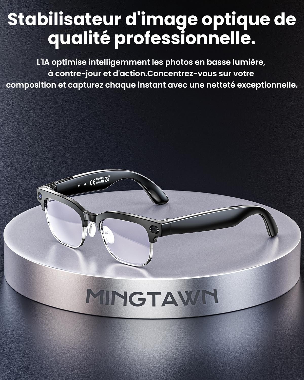 Lunettes intelligentes AI — Caméra 8MP anti-vibration, 290mAh, appel BT, 4K HD (enregistrement vidéo + double mic), IP66, interprétation simultanée/identification GPT (verres anti-lueurs bleues)
