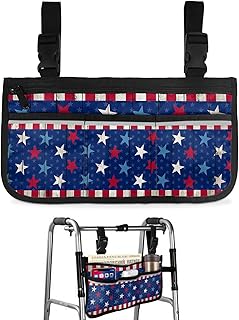 4th of July Wheelchair Side Bag Walker Bag, Rustic Independence Day Star on Wood Patriotic Wheelchair Accessories Armrest Pouch, Organizer Storage Bag for Walkers, Rollators, 7.3'x13'