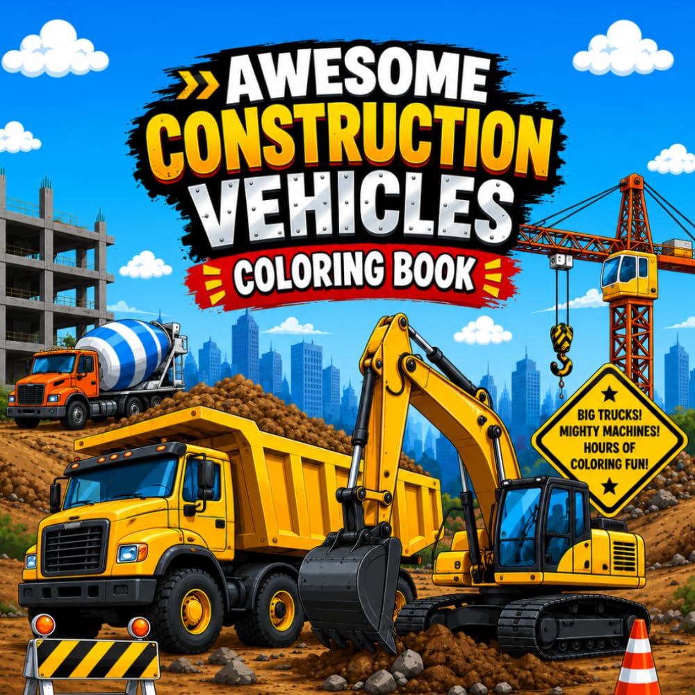 Awesome Construction Vehicles Coloring Book: Big Trucks, Bulldozers, Excavators & More Fun for Kids of All Ages