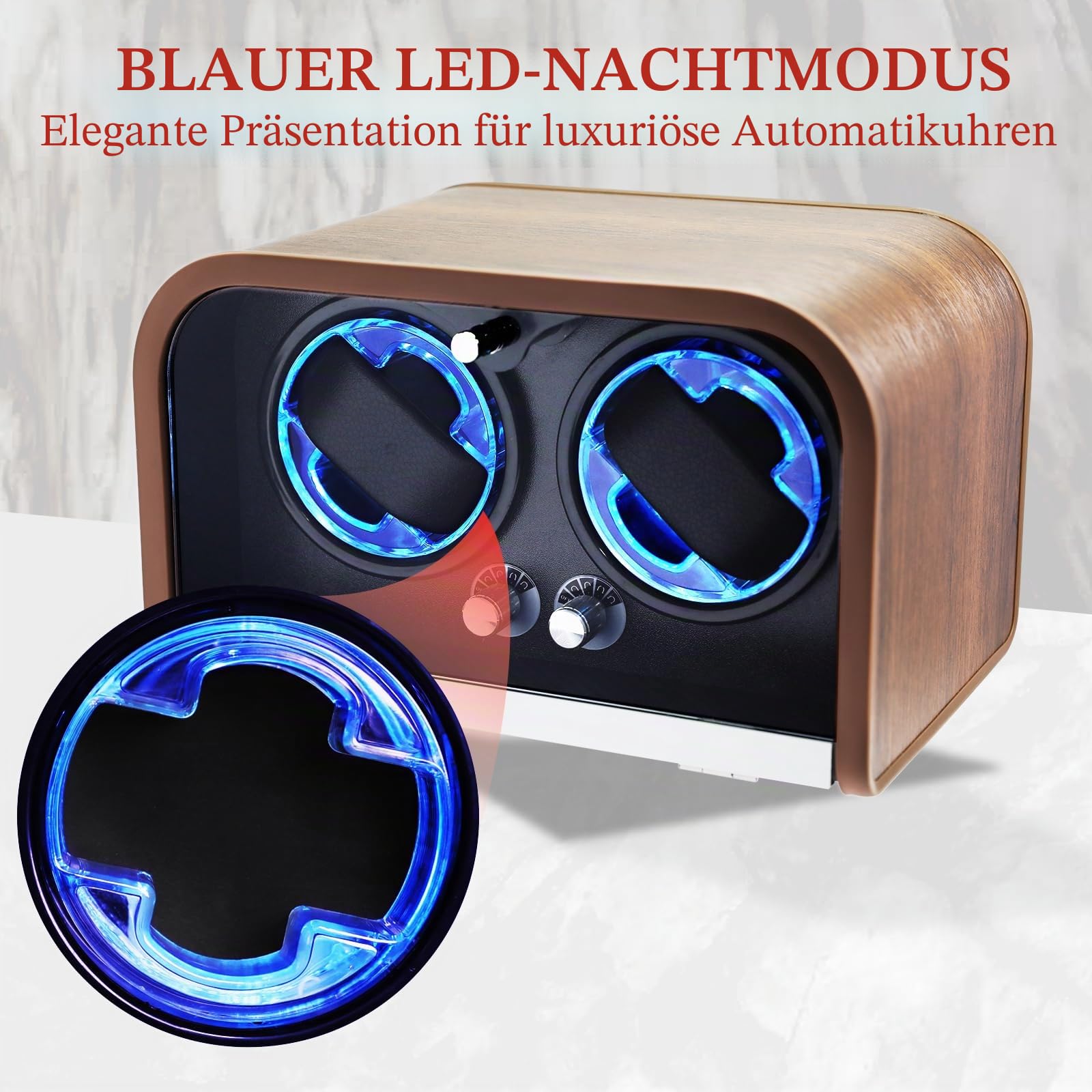 Uhrenbeweger für Automatikuhren, Uhrenbeweger Box für Rolex, Doppelter, Geräuscharmer Japanischer Motor, 4 Rotationsmodi, Blaue Beleuchtung, Netzbetrieb oder 2 AA-Batterien (Nicht Enthalten)