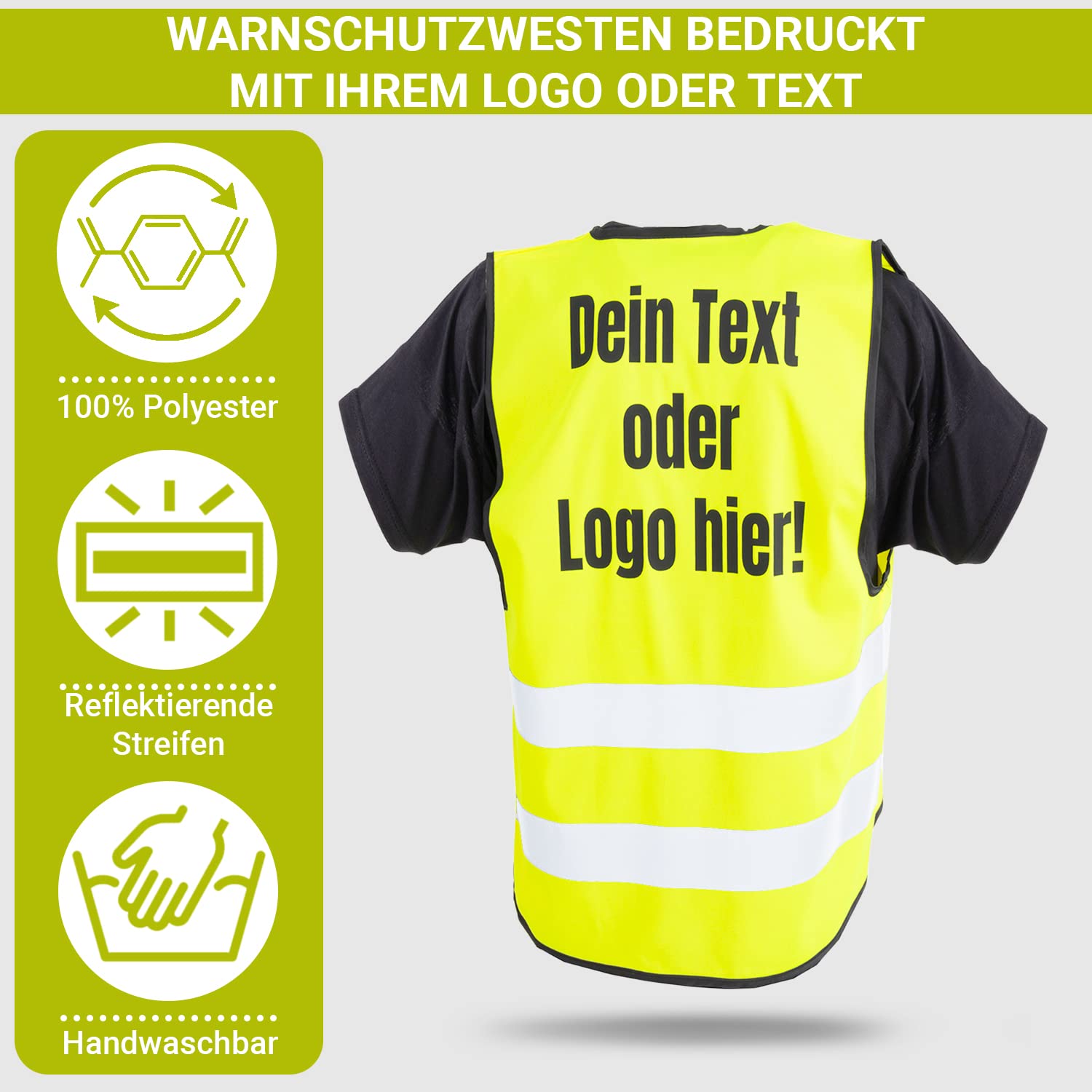 Warnwesten bedrucken lassen mit Ihrem Logo oder Text. Druck mit Hochwertiger Flex Folie, oder in Weiß Kein verwaschen vom Aufdruck möglich. In den Farben Orange und Gelb