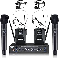 Vista 9 de Sistema de micrófono inalámbrico UHF de 4 canales con micrófonos de auriculares Lavalier, frecuencias ajustables de 4 x 50, ideal para reuniones